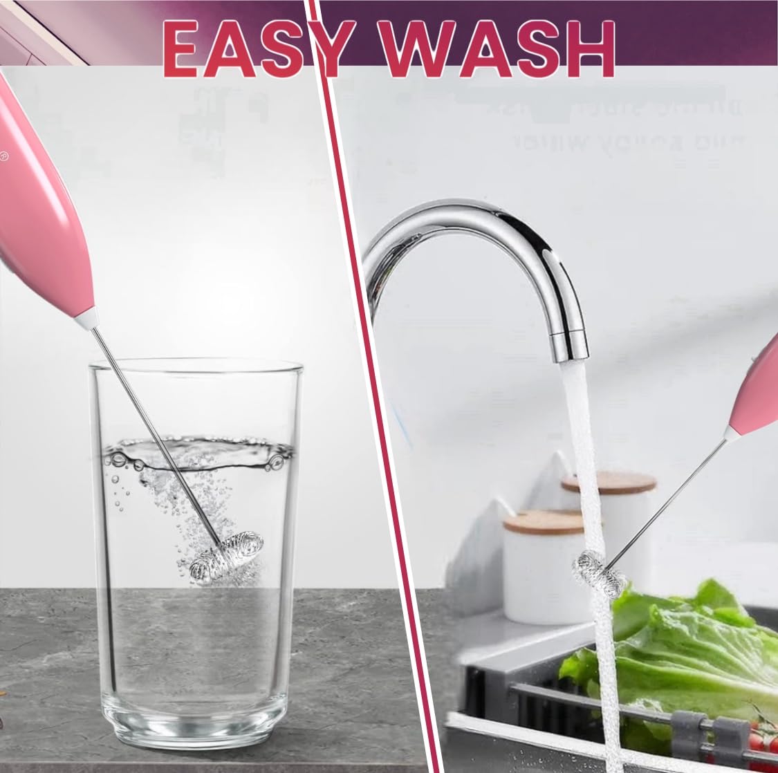 Electric Milk Frother Handheld - Automatic Milk Foam Maker for Coffee, Cappuccino, Latte & Hot Chocolate | Battery-Powered Whisk for Frothing Milk, Mixing Eggs & Making Milkshakes | Perfect for Home, Office & Cafe Use (Pink)