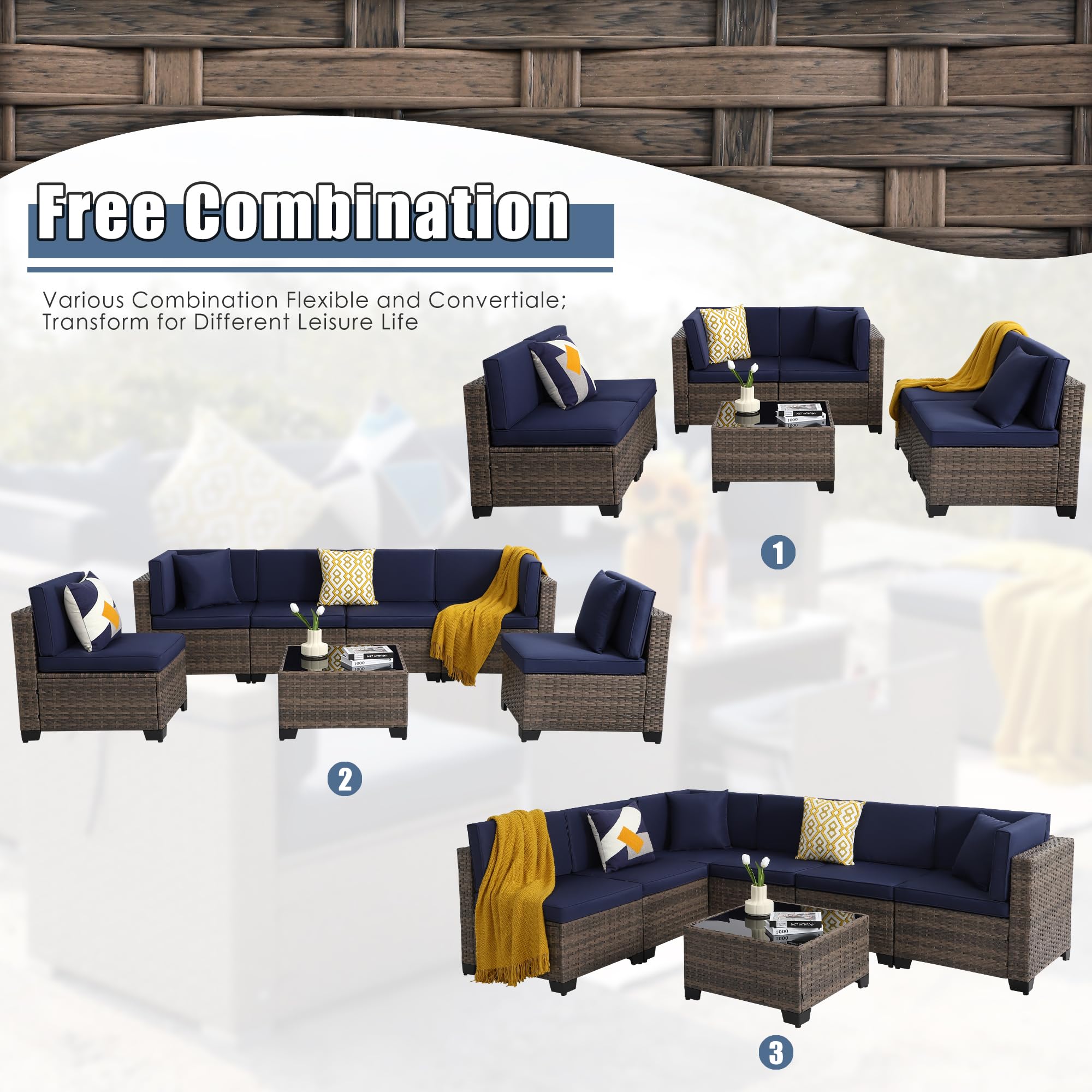 7-Piece Outdoor Patio Furniture Set - Rattan Wicker Sectional Sofa with Cushions & Glass Table - A-Brown-Navy Straight Back Conversation Seating for Garden, Poolside, and Backyard Relaxation