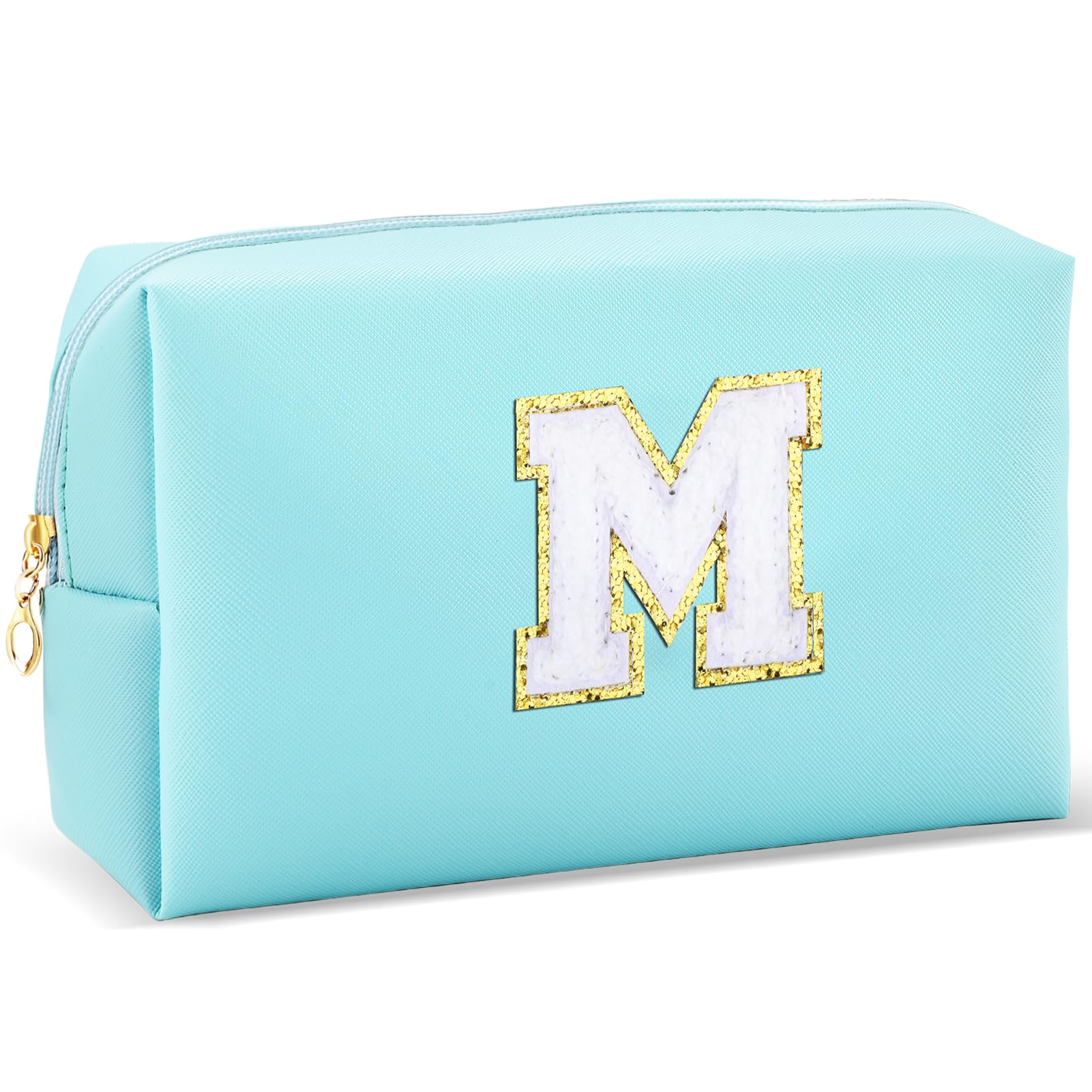 Personalized Initial Makeup Bag for Girls - Waterproof PU Cosmetic Pouch with Zipper, Cute Travel Toiletry Bag, Preppy Birthday Gift for Teen Girls & Women (Blue, Medium) | Perfect for Travel, School, Sleepovers & Daily Makeup Organization