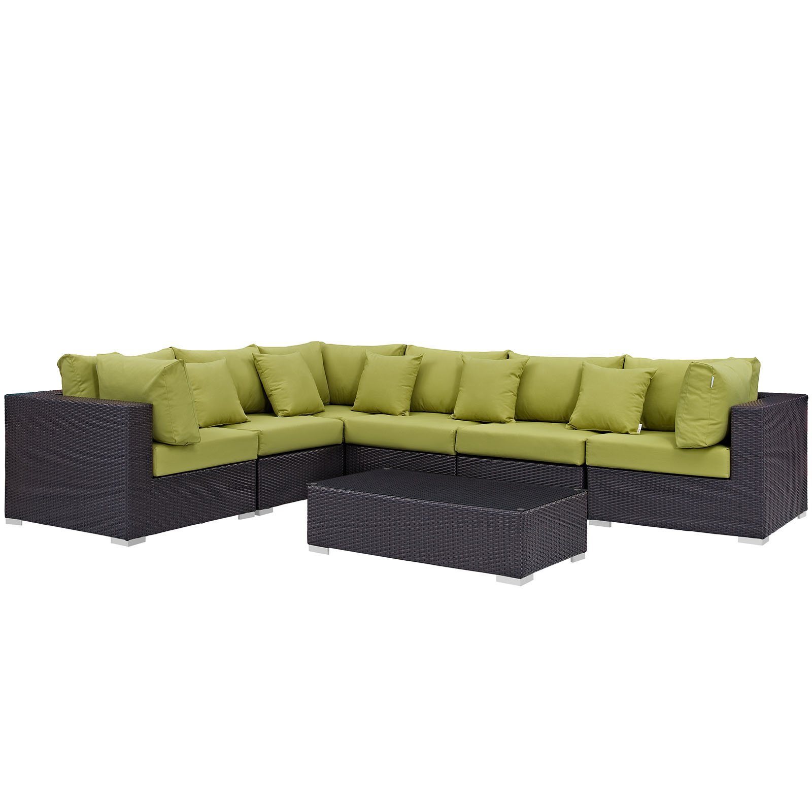 Modway Convene Collection 7-Piece Outdoor Patio Sectional Set - Espresso & Peridot Color - Durable Wicker Furniture for Backyard, Garden, Poolside or Deck Relaxation