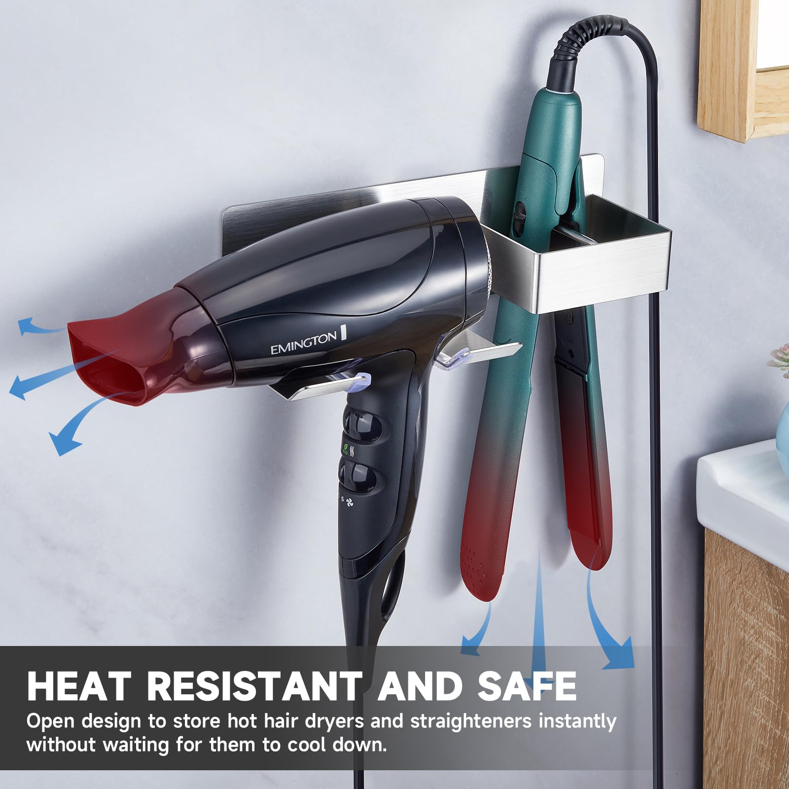 Wall Mounted Hair Dryer Holder - Stainless Steel Blow Dryer & Hair Straightener Organizer with Adhesive Backing - Perfect for Bathroom, Salon & Barber Shop Storage - Keep Hair Tools Tidy & Within Reach