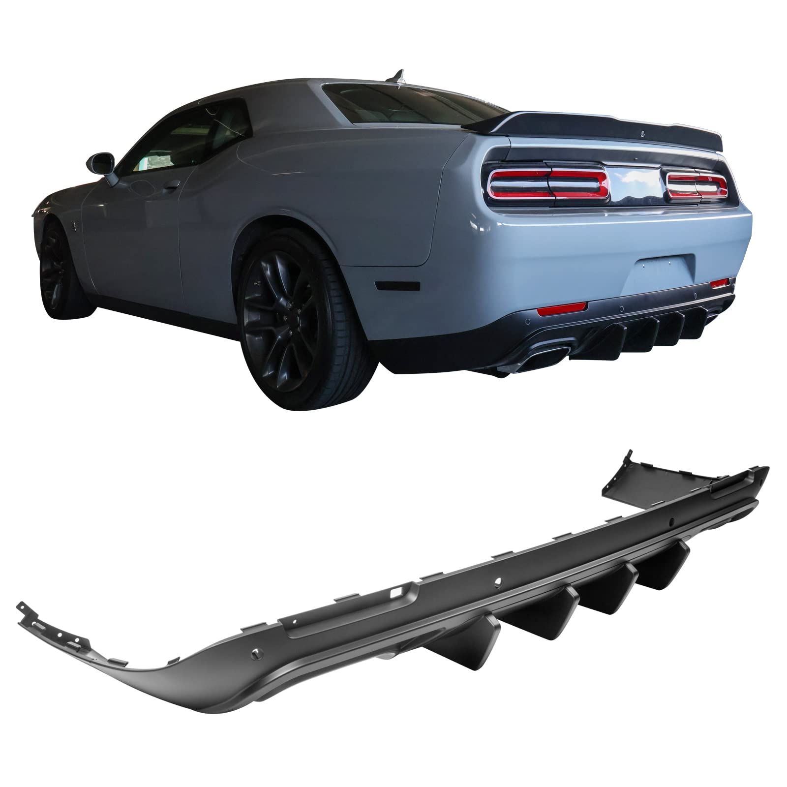 IKON MOTORSPORTS V2 Style Matte Black Rear Diffuser for 2015-2023 Dodge Challenger - PP Bumper Lip Spoiler with Shark Fins | Enhances Aerodynamics & Sporty Look for Street Racing & Car Shows