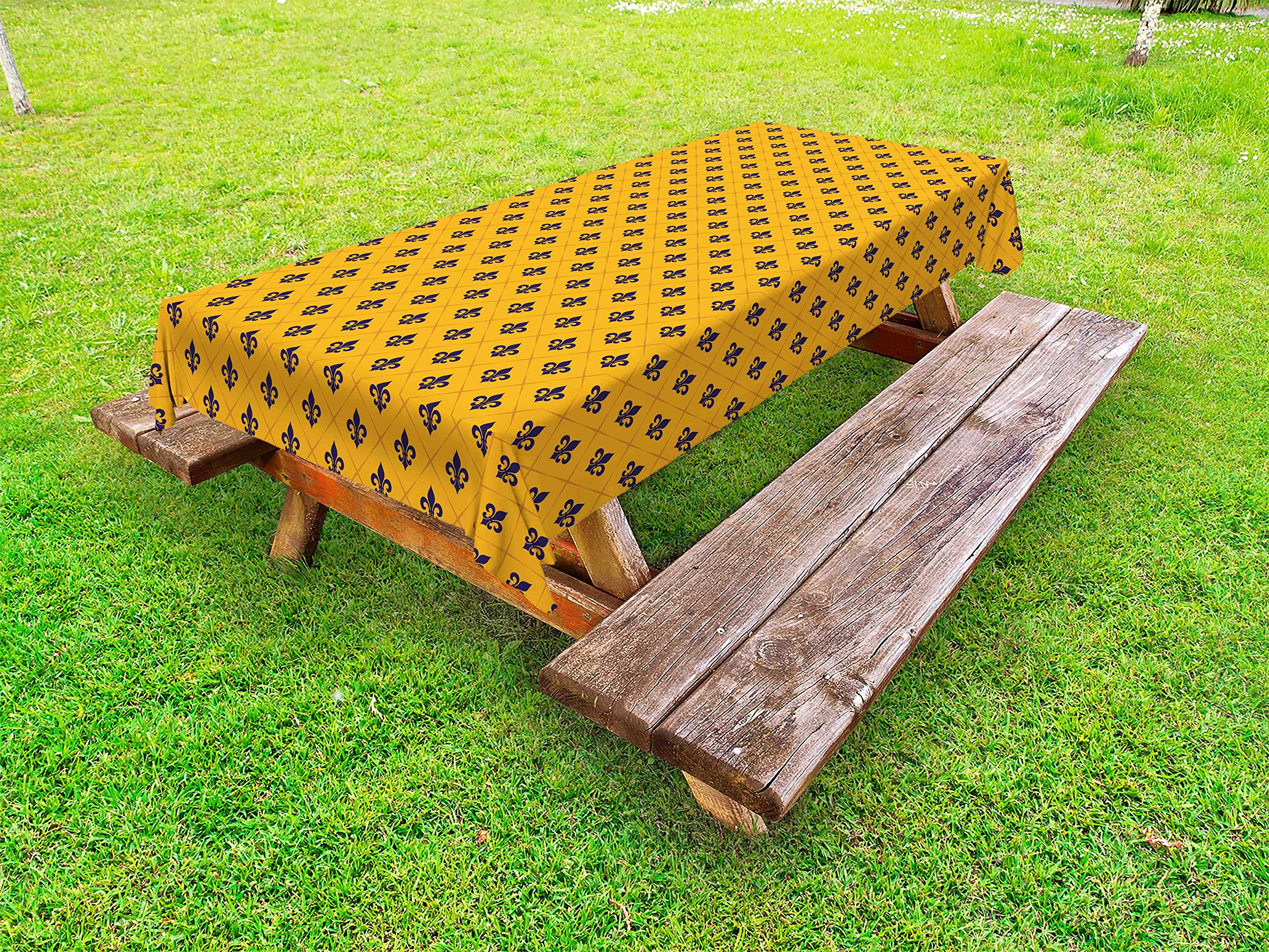 Ambesonne Fleur De Lis Outdoor Tablecloth - Checkered Historical Lily Motif Retro Floral Design, Washable Picnic Table Cover 58x120 Inches, Marigold Purple - Perfect for Garden Parties, BBQs & Outdoor Dining Decor