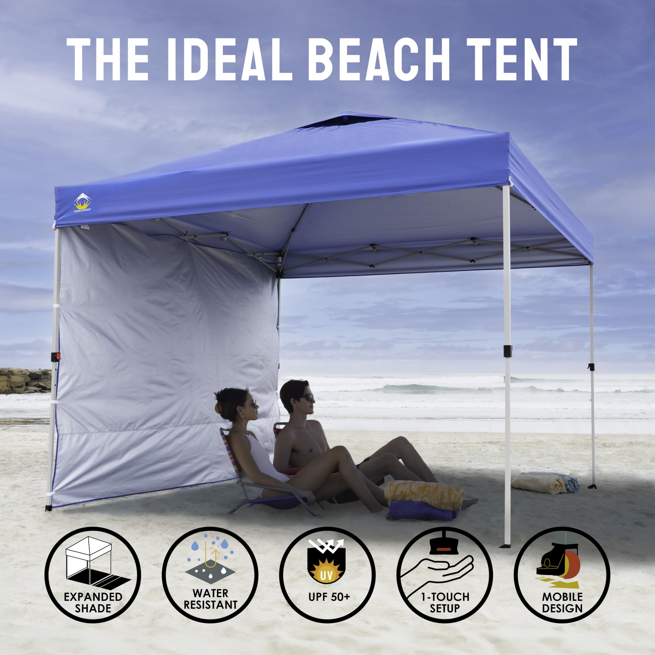 CROWN SHADES 10x10 Pop Up Canopy Tent with 1 Side Wall - Instant Setup Beach Sun Shelter for Outdoor Events, Parties, Camping - Portable Gazebo with STO-N-Go Carry Bag (Blue) | Perfect for Backyard BBQs, Picnics, Tailgating & Beach Days
