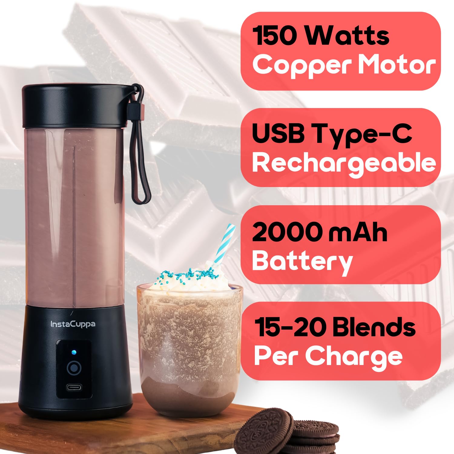 InstaCuppa Portable Blender - 400ML USB Rechargeable Smoothie Maker with 2000mAh Battery & 150W Motor for Juices, Shakes, Ice Crushing - Compact Personal Blender for Home, Office, Gym & Travel
