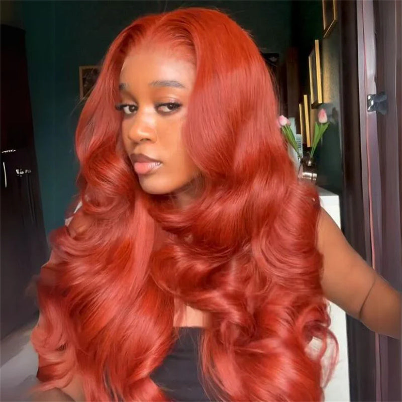 Eullair Reddish Copper Orange Body Wave Human Hair Wig - Glueless Lace Frontal Wig with Flame Colored Highlights for Women | Perfect for Cosplay, Halloween, and Daily Fashion Styling
