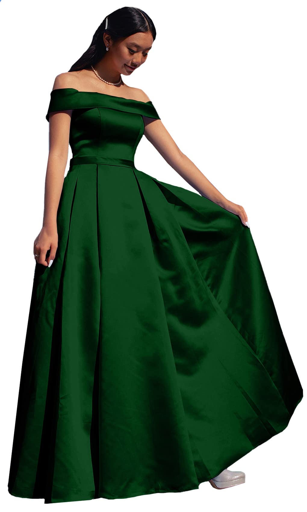 ANGELWARDROBE Women's Off-Shoulder Long Prom Dress - Elegant Satin A-Line Formal Evening Gown with Slit Pockets for Homecoming, Wedding, and Special Occasions
