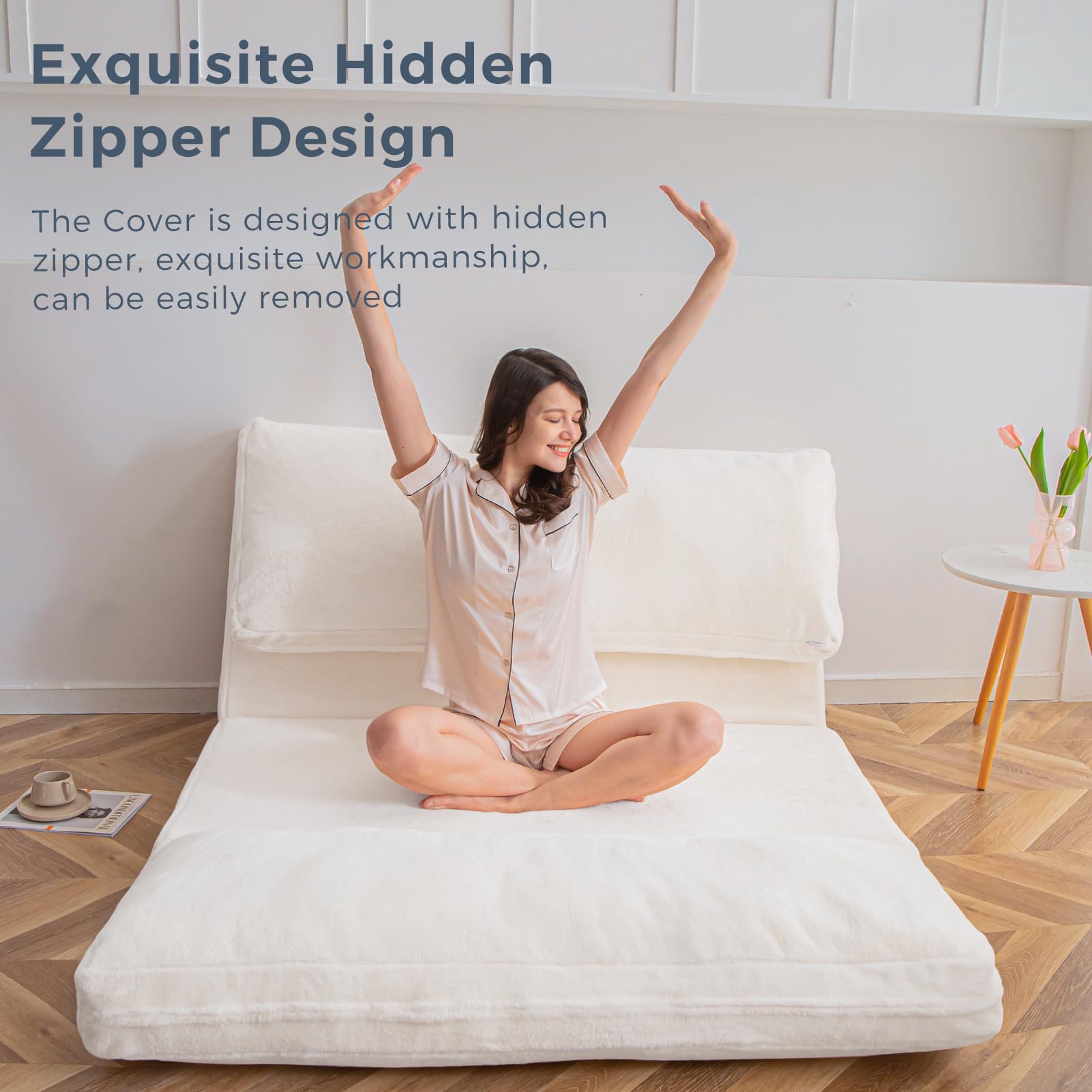 MAXYOYO Extra Thick 30x95 Inch Folding Bean Bag Sofa Bed - Washable Faux Fur Floor Mattress for Adults | Versatile Single Floor Couch for Bedroom, Living Room & Guest Room (Cream White)