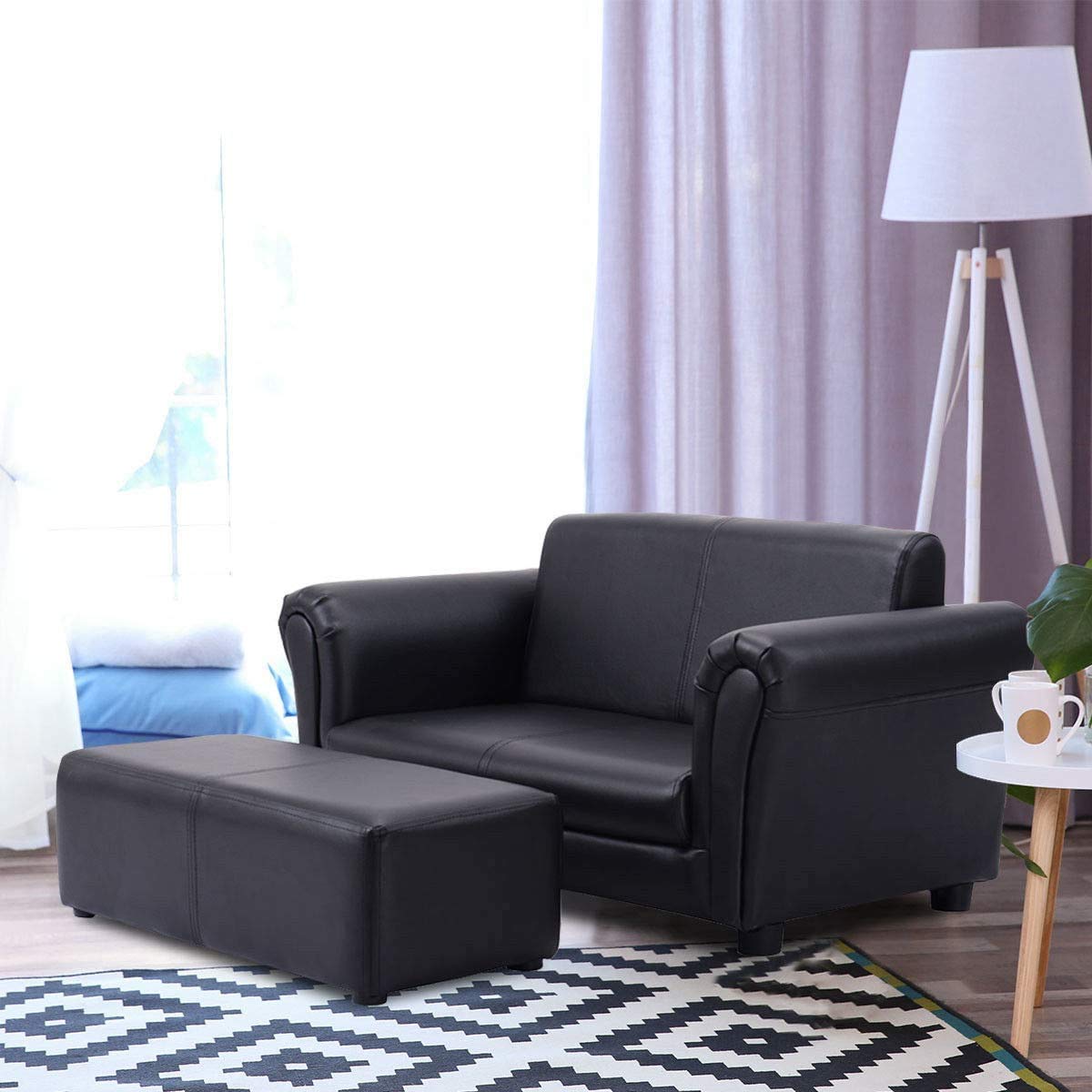 Costzon 2-in-1 Kids Couch with Footstool - Double Seat Children's Sofa with PU Leather Surface, Armrest Chair Lounge - Soft Toddler Sofa for Boys & Girls - Perfect for Preschool Bedroom, Playroom & Birthday Gifts (Black)