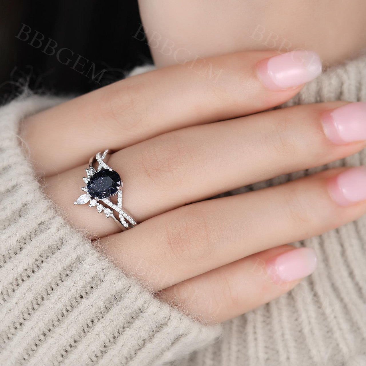 White Gold Blue Sandstone Bridal Ring Set - 6x8mm Oval Cut Infinity Moissanite Band for Women | Perfect for Engagement, Wedding & Anniversary Gifts