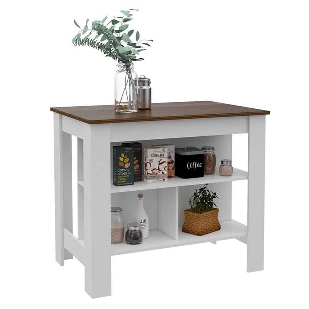 Modern Engineered Wood Kitchen Island with Storage - White/Walnut Finish | Stylish Breakfast Bar & Prep Station for Small Kitchens | Durable Countertop for Cooking & Entertaining