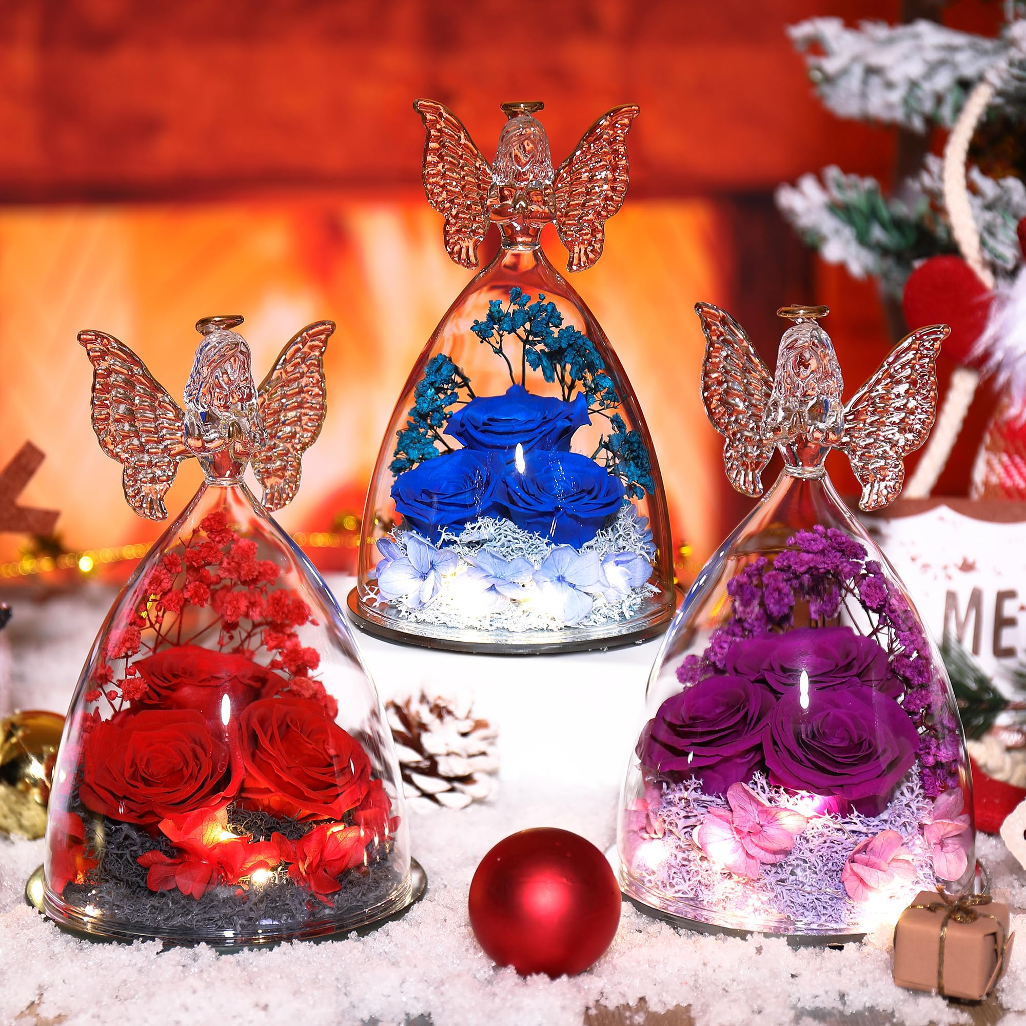 Glass Angel Figurine with 3 Preserved Real Roses - Eternal Keepsake Gift for Women, Mothers Day Present, Home Decor & Spiritual Guardian (Purple)