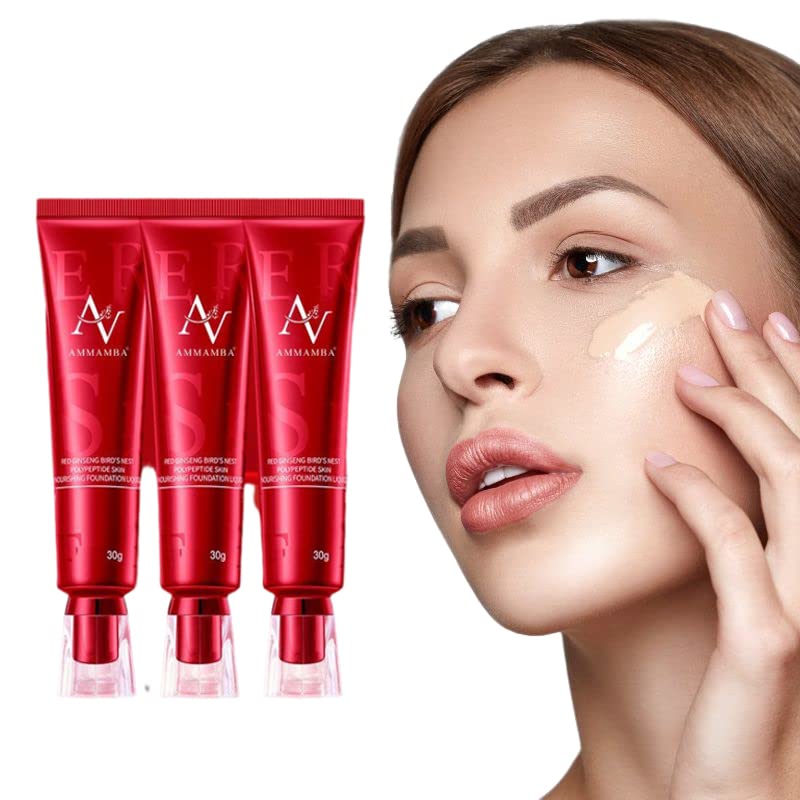 3Pcs Red Ginseng Liquid Foundation with Bird's Nest Extract - Long-Lasting Moisturizing Concealer for Blemish Coverage & Natural Look (Shade 2, White) - Perfect for Daily Makeup & Flawless Skin
