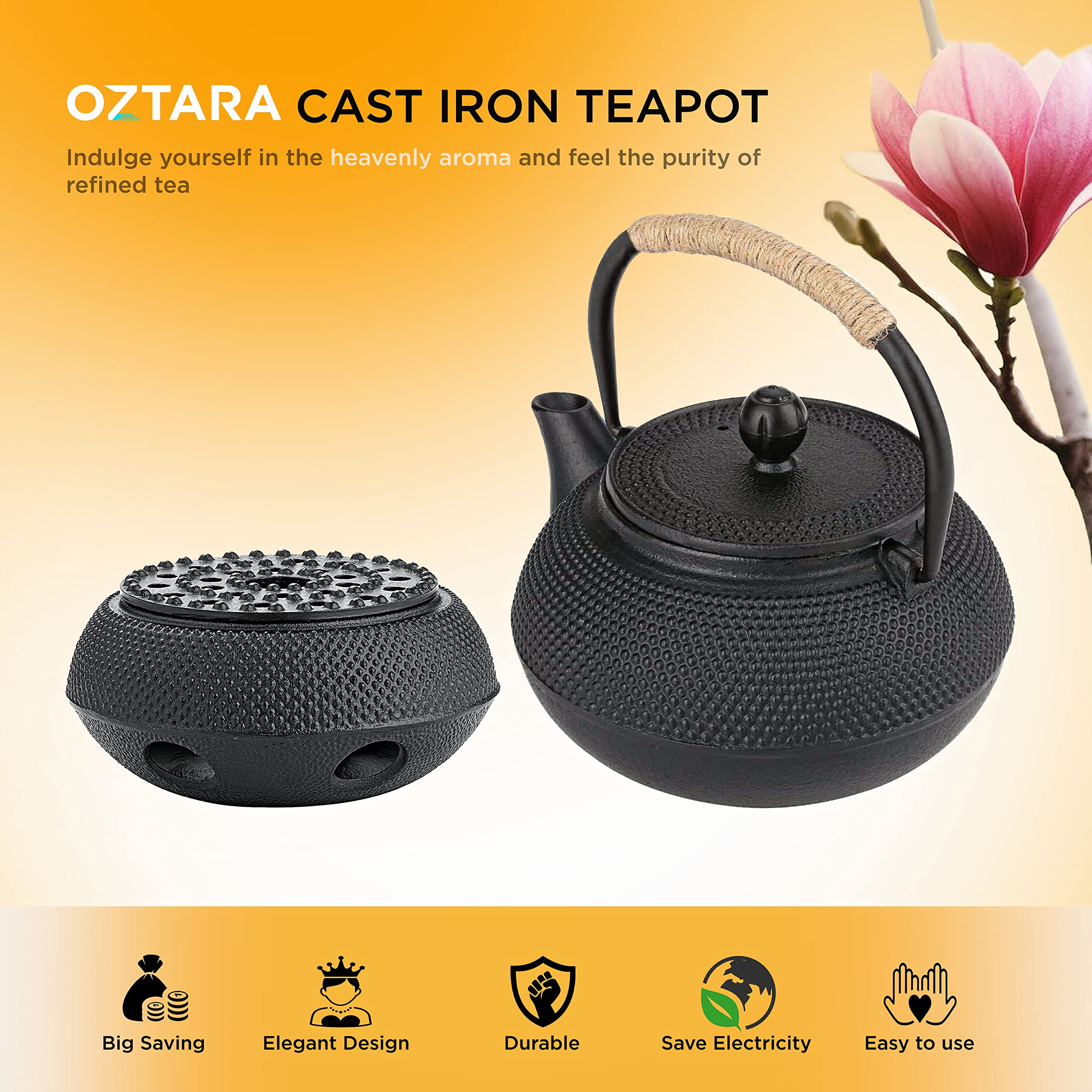 Premium Oztara 40oz/1200ml Japanese Cast Iron Teapot Set with Stainless Steel Infuser & Tea Warmer - Enamel Coated Interior, Large Black Iron Kettle for Loose Leaf Tea - Perfect for Home, Office, Tea Ceremonies & Gifts