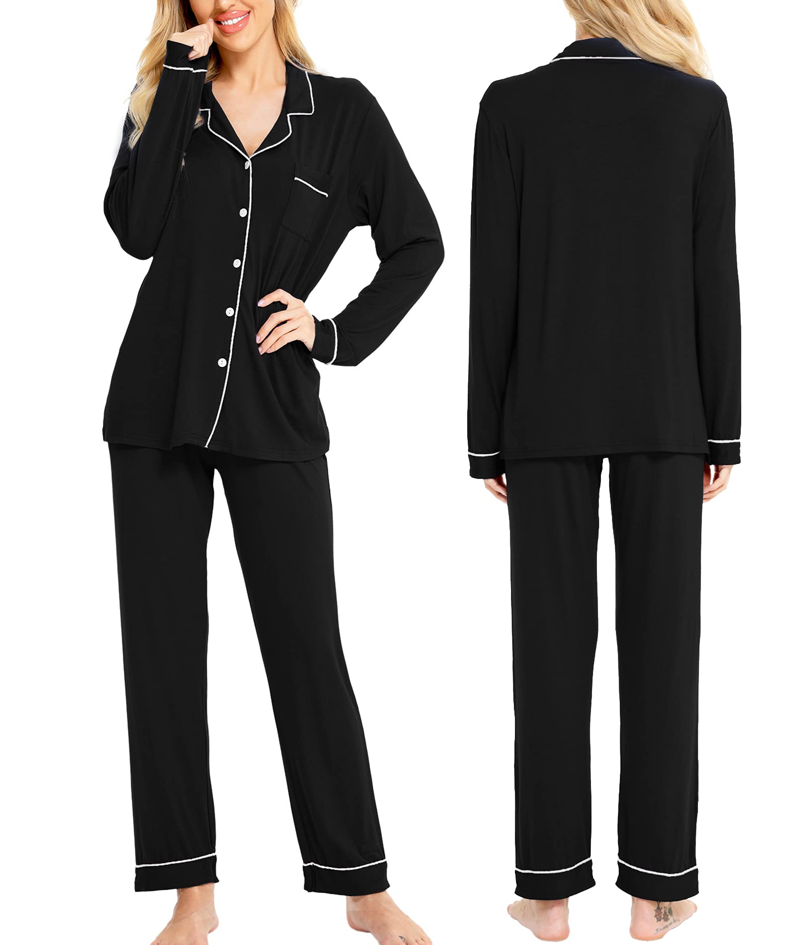 SWOMOG Women's Long Sleeve Pajama Set - Soft Cotton Button Down Sleepwear & Lounge Pjs for Nighttime Comfort, Relaxing at Home, and Cozy Evenings