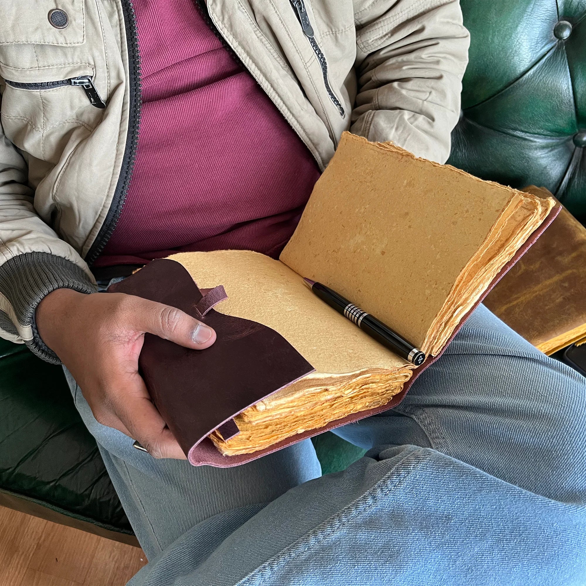 Handmade Leather Bound Journal A5 Size with Antique Deckle Edge Paper - Mauve Color for Writing, Sketching & Gift Giving