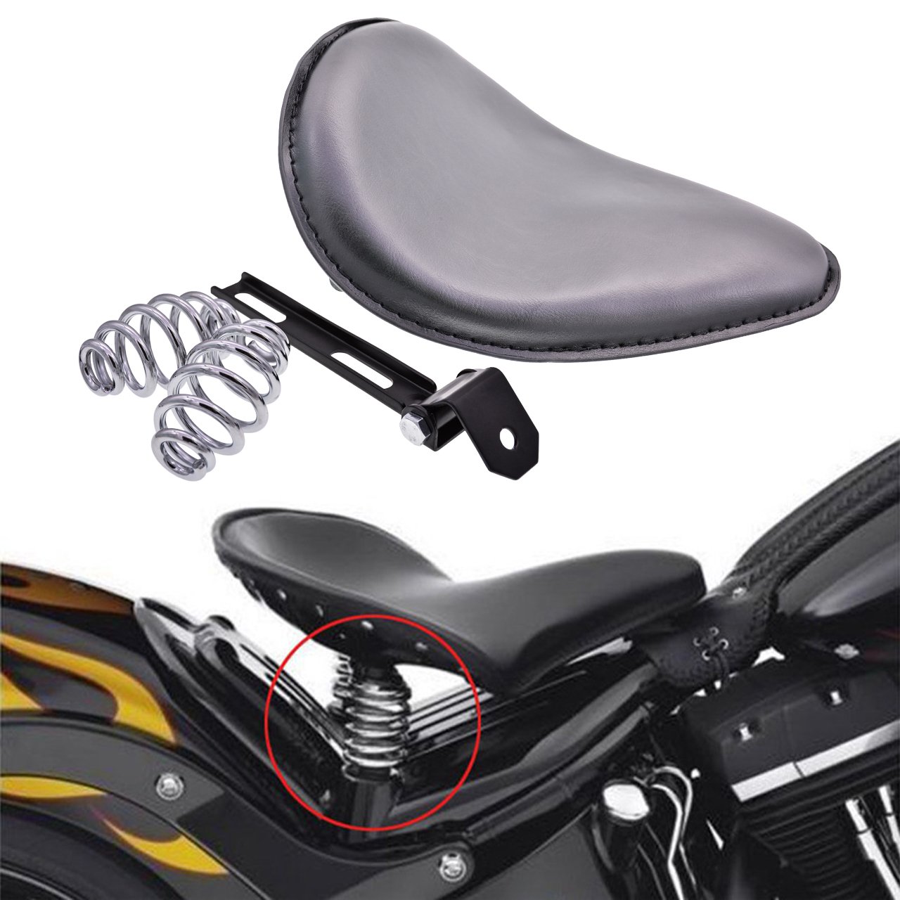 Universal Black Leather Motorcycle Solo Seat Cushion with Spring Mounting Bracket Kit - Compatible with Harley, Kawasaki, Sportster, Cruiser, Chopper, Honda & Yamaha - Perfect for Long Rides and Custom Bike Builds