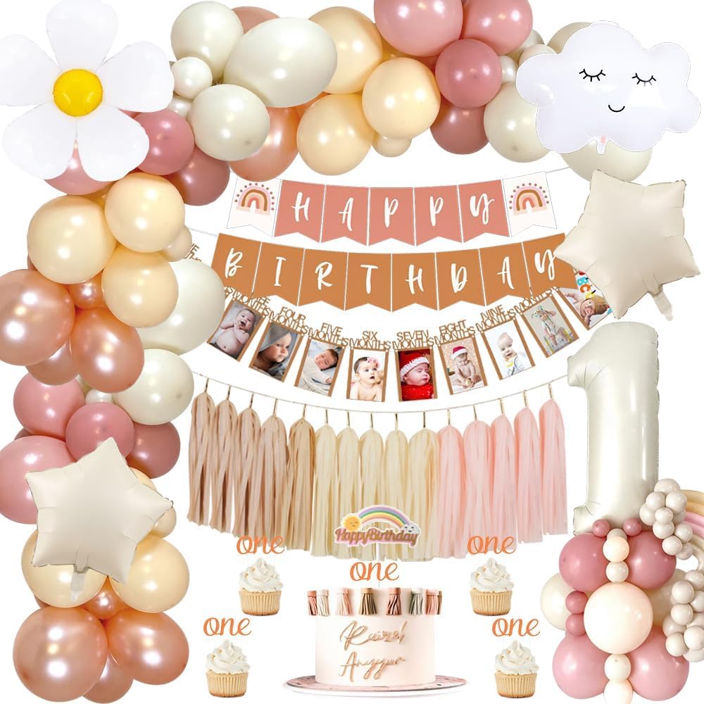 Groovy Boho First Birthday Decorations for Girls - Baby Month Photo Banner, Beige Number 1 Foil Balloon & Rainbow Cake Topper - Perfect for 1st Birthday Parties & Baby Showers