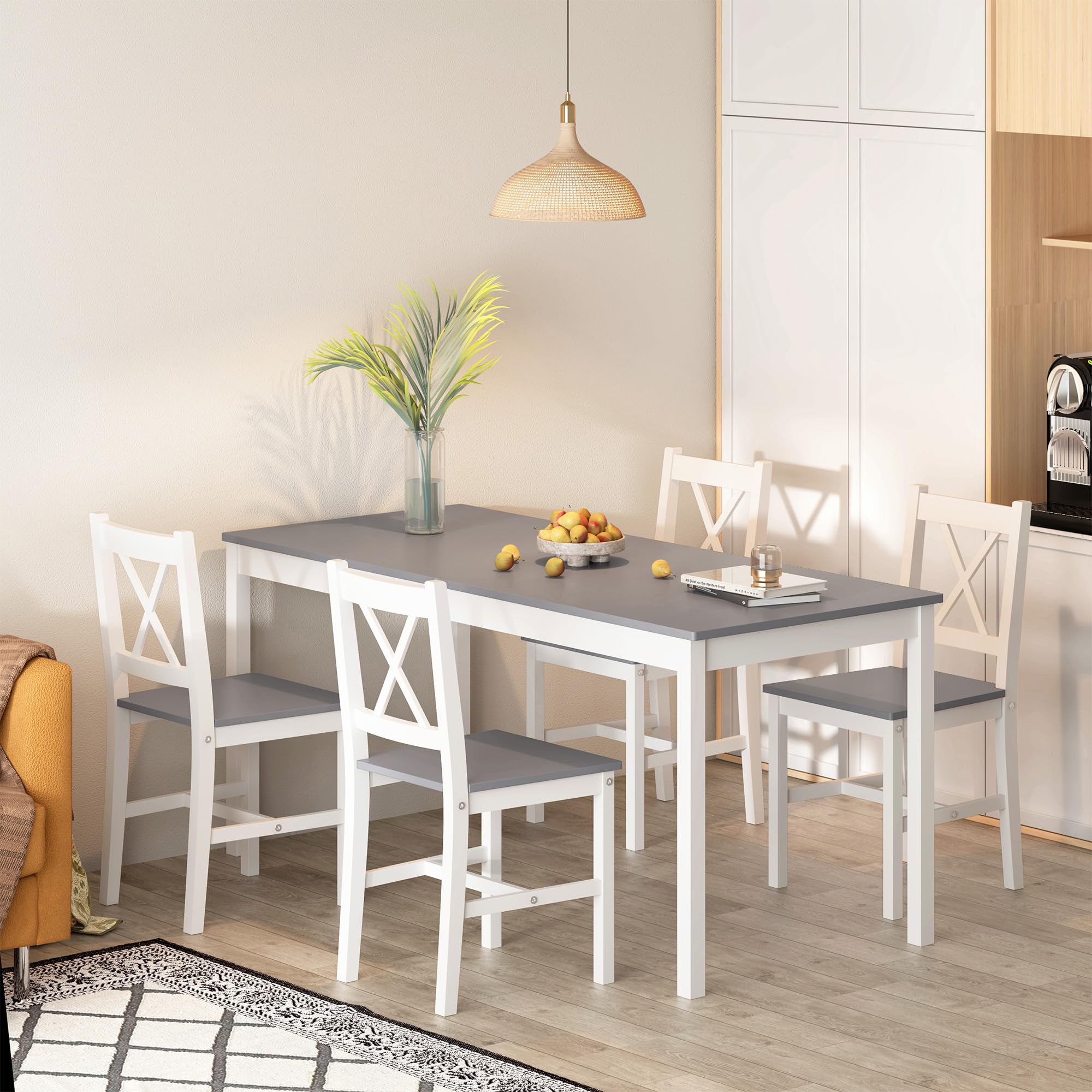 Soges 5-Piece Dining Table Set - 47.2 Inch Rectangular Pine Wood Kitchen Table with 4 Chairs, White Grey Modern Furniture for Kitchen, Dining Room, Dinette | Perfect for Small Spaces, Family Meals & Entertaining Guests