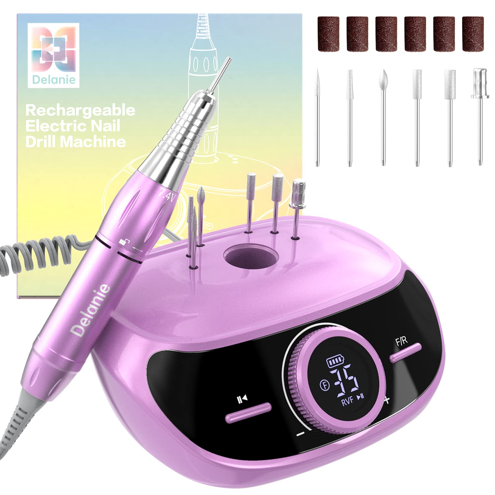 Delanie Professional 35,000 RPM Wireless Nail Drill Machine for Acrylic & Gel Nails - Electric Nail File Kit with Drill Bits, Memory Function & Pause Button (Purple) - Perfect for Salon, Home Manicure & Nail Art