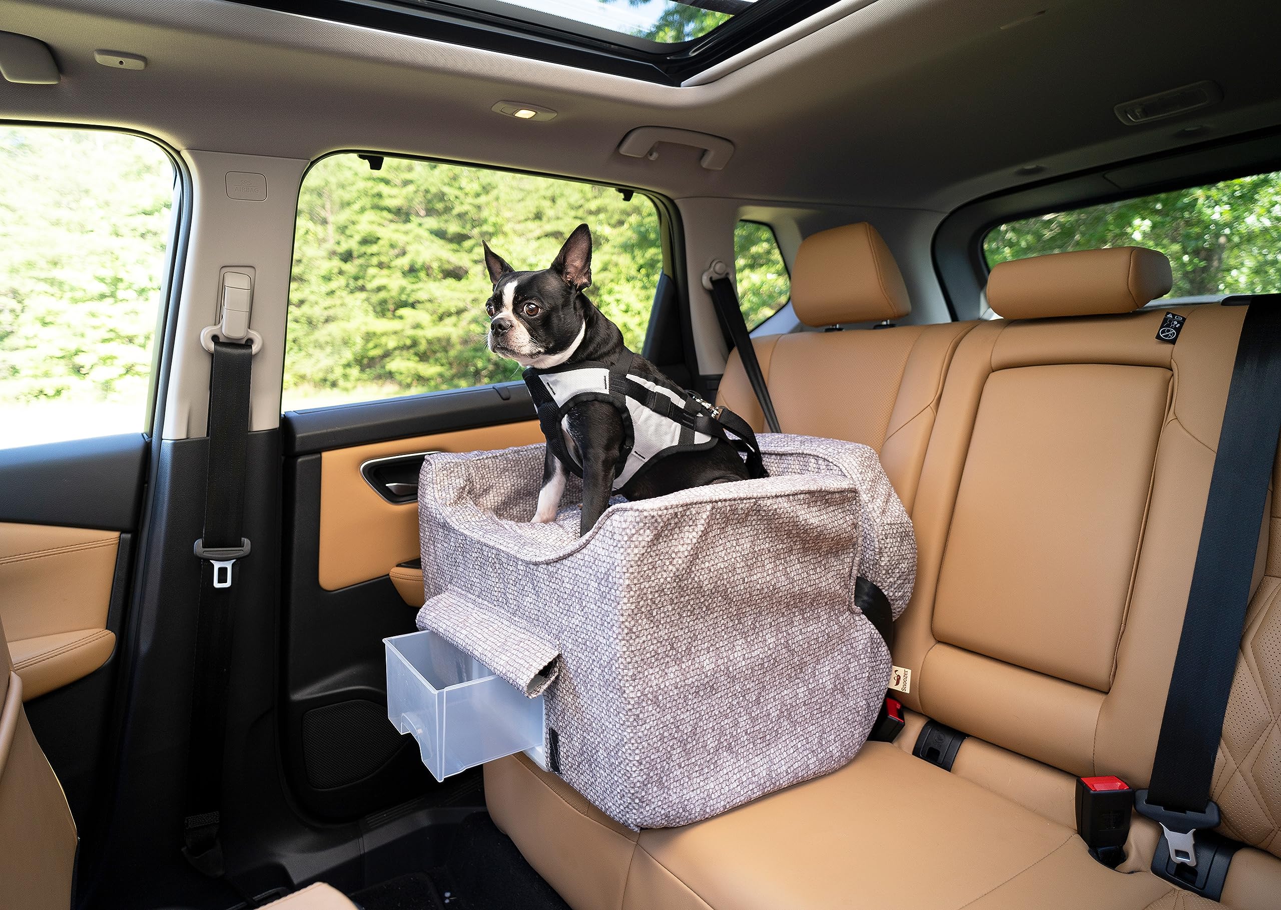Snoozer Lookout II Dog Car Seat for Small Dogs Under 25lbs - Medium Size Pet Car Booster with Storage Tray & Removable Washable Cover (Merlin Linen Fabric) - Helps Prevent Car Sickness - Perfect for Road Trips, Vet Visits & Daily Commutes