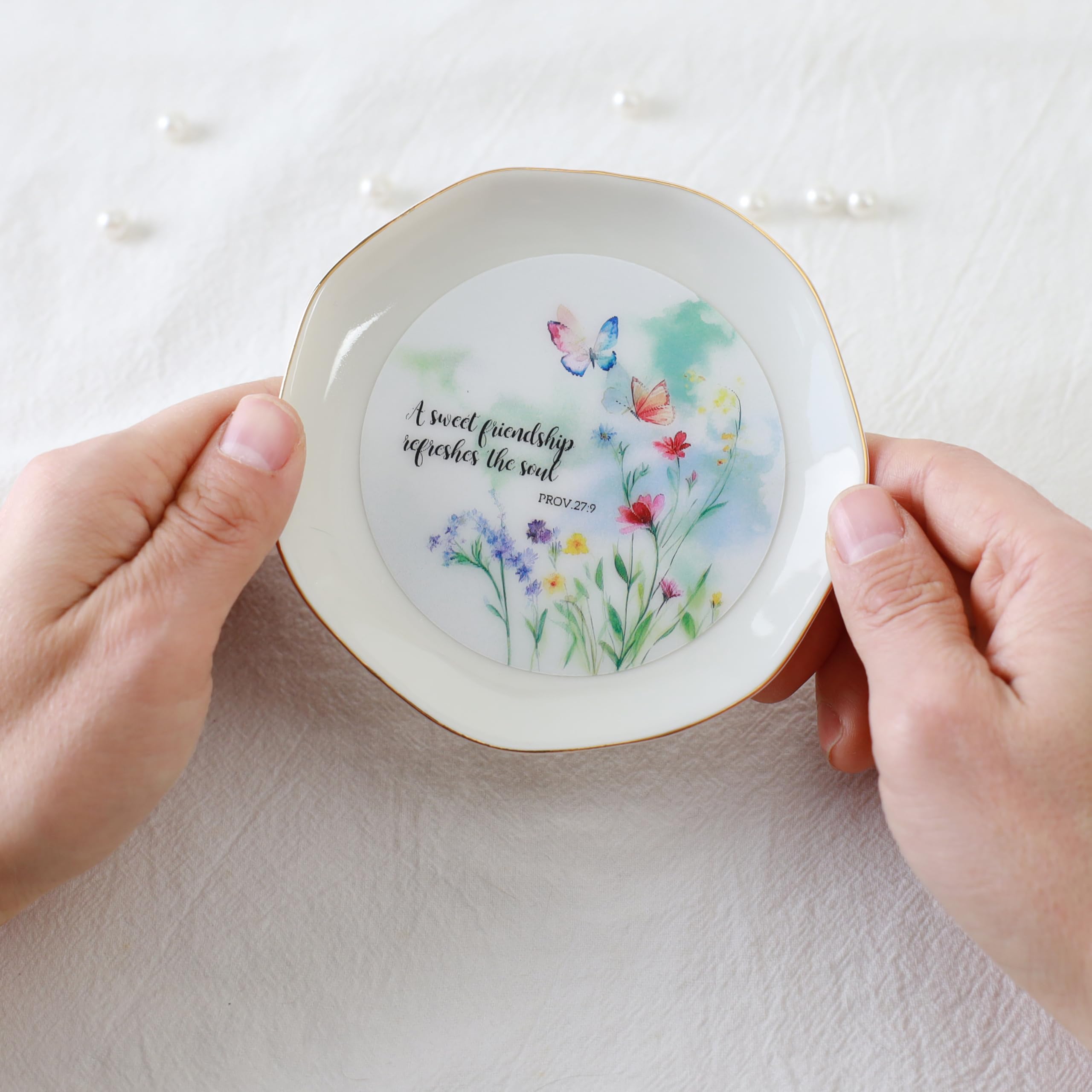 Dynamic Butterfly & Flower Pattern Jewelry Dish Tray - Christian Friendship Gift for BFF, Birthday, Wedding - Perfect for Home Decor & Soul Refreshment