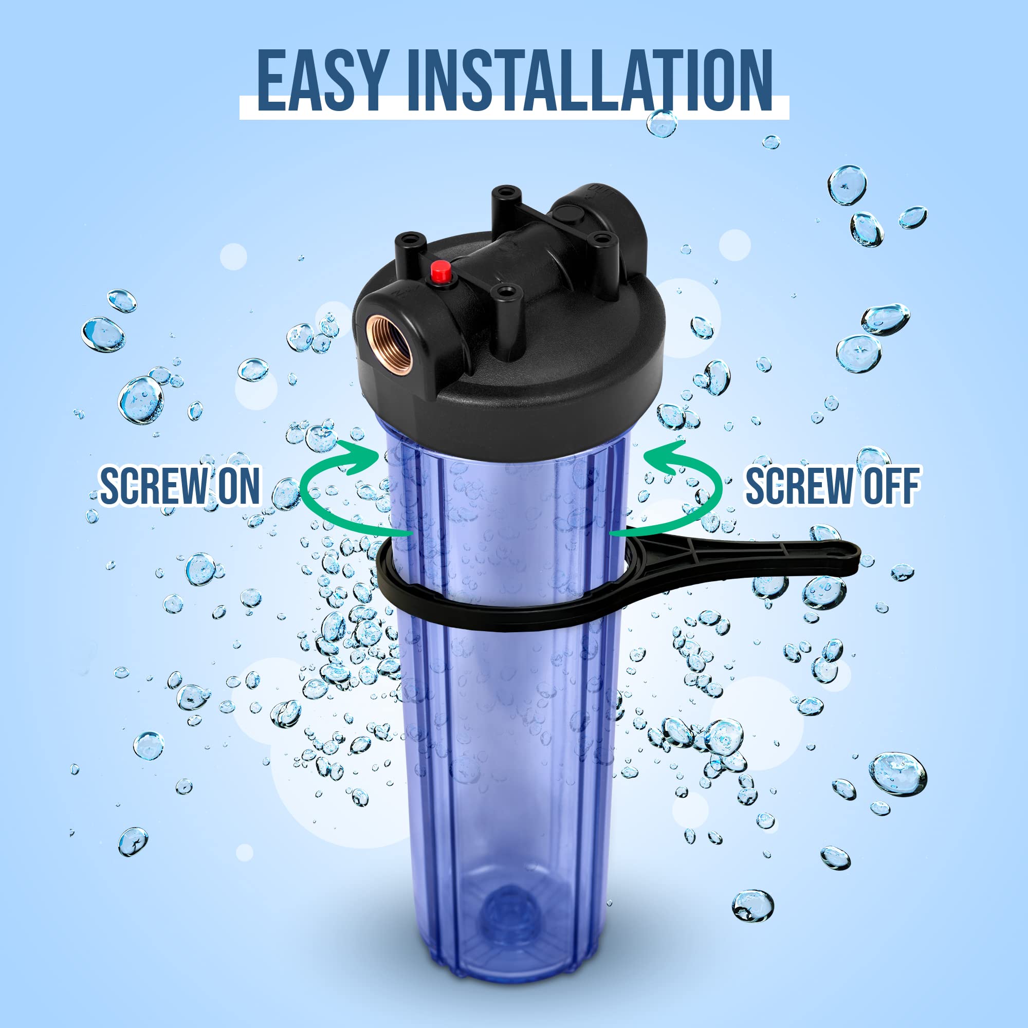 20x4.5” Whole House Water Filtration System - High Capacity Transparent Filter with Pressure Relief Button, 1” Brass Inlet/Outlet - Includes 3 Coconut Shell Activated Carbon Cartridges (1 Year Supply) - Perfect for Clean Water in Homes, Farms & RVs