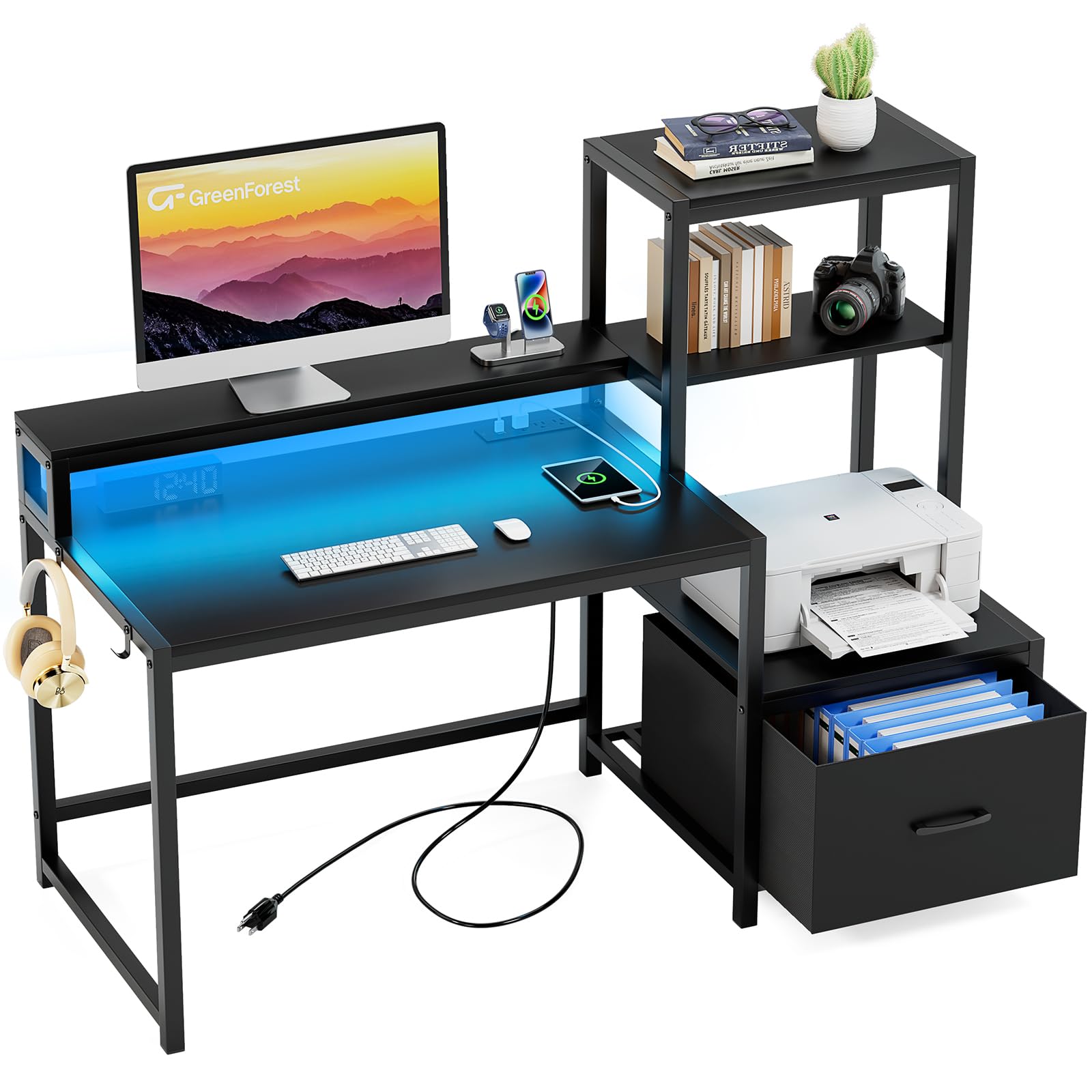 GreenForest 51-inch Computer Desk with Drawers & Monitor Stand - Home Office Desk with Storage Shelves, Power Outlets & LED Lights - Ergonomic Gaming & Study Desk for Small Spaces (Black) - Perfect for Remote Work, Online Classes & PC Gaming Setup