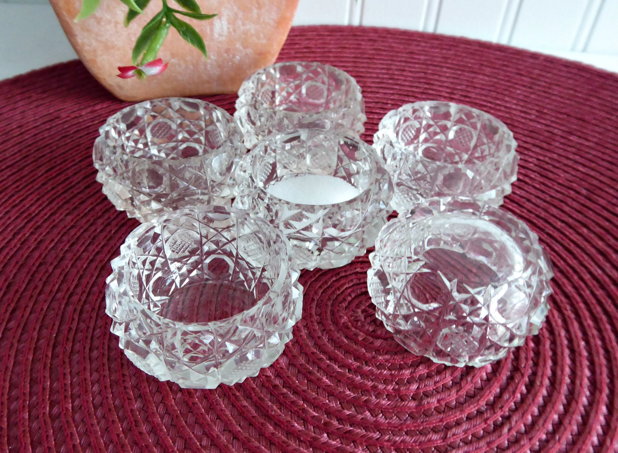 6-Piece Edwardian Open Salt Cellars Set - Faceted Crystal Salt Dishes with Waffle Button Diamond Design for Elegant Dining & Table Decor