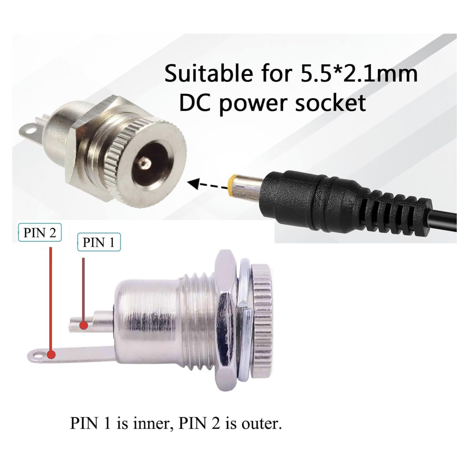 5.5x2.1mm DC Power Jack Socket - 10 Pack Threaded Female Panel Mount Connector Adapter for Electronics, CCTV, LED Strips & DIY Projects