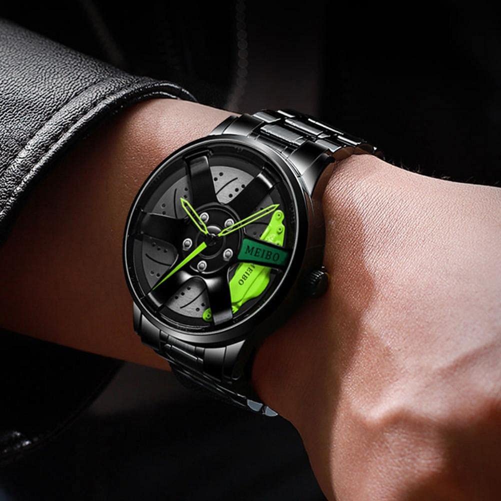 Men's Sports Watch - 3D Hollow Car Wheel Design Stainless Steel Wristwatch (Green) | Waterproof Digital Chronograph for Running, Driving & Outdoor Activities