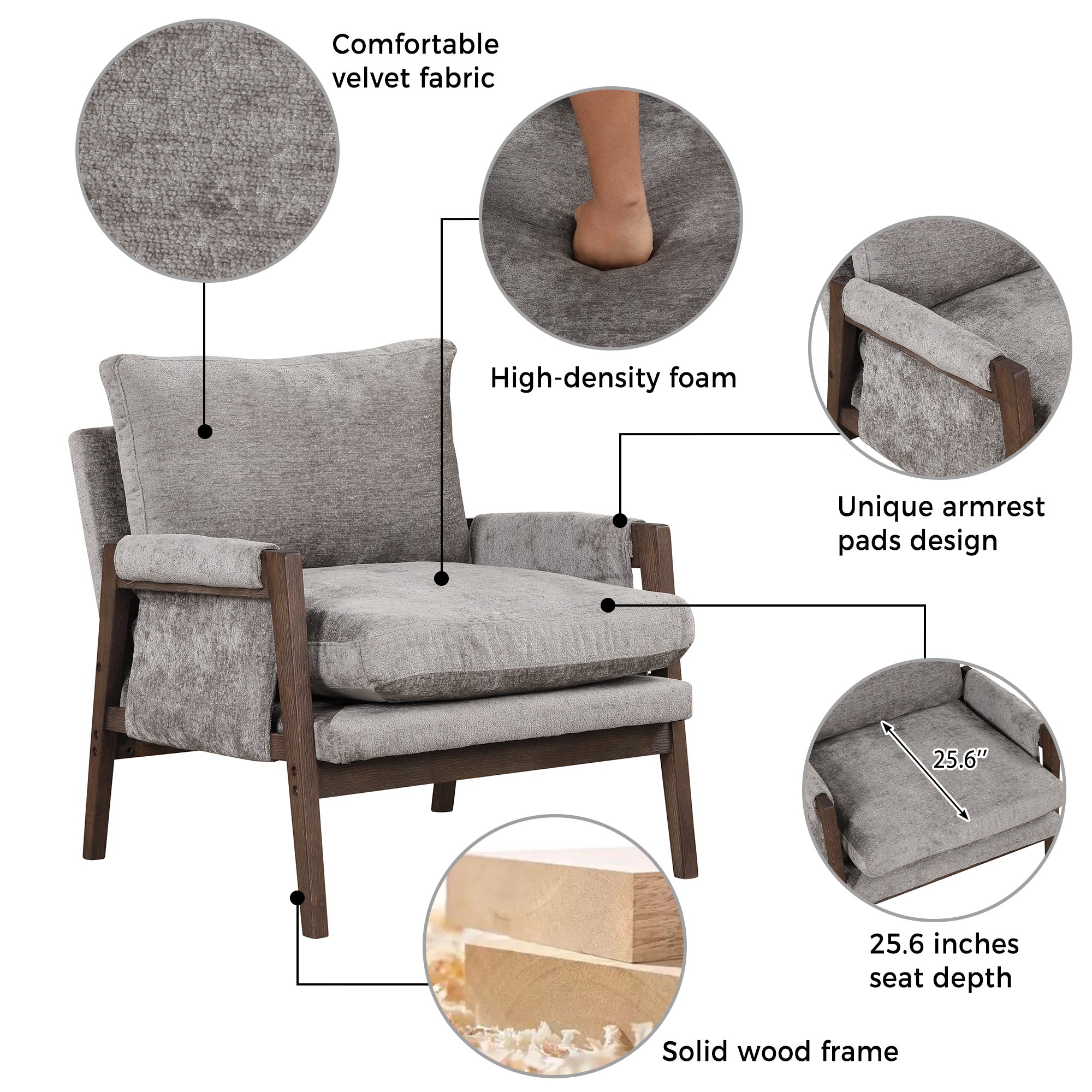 Kelly Mid Century Modern Velvet Accent Armchair - Stylish Roundhill Furniture for Living Room, Bedroom & Office - Comfortable Lounge Chair for Home Decor