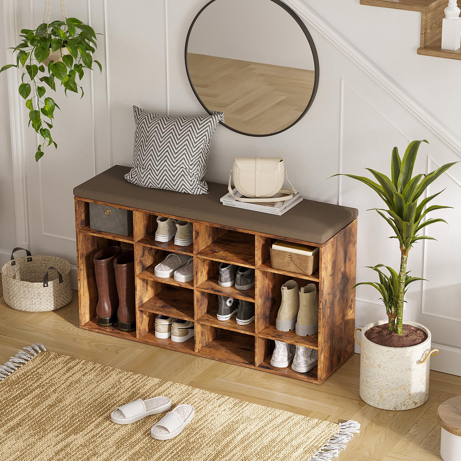 DINZI LVJ 16-Cubby Shoe Storage Bench with Cushion - Adjustable Shelves Multifunctional Shoe Organizer for Entryway, Mudroom, Hallway - Rustic Brown | Perfect for Small Spaces, Home Organization & Shoe Display