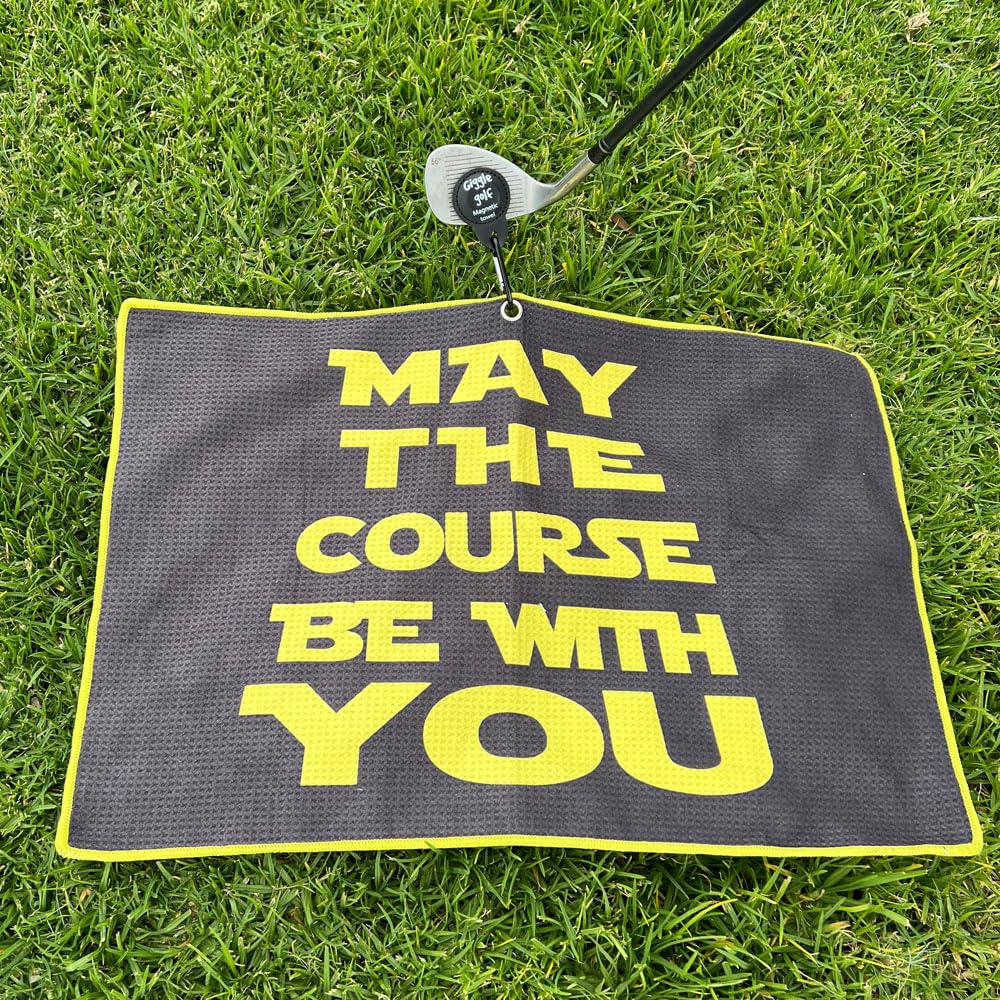 May The Course Be with You Magnetic Golf Waffle Towel with Poker Chip & Slim Can Cooler - Perfect for Golfers, Sports Enthusiasts & Outdoor Activities