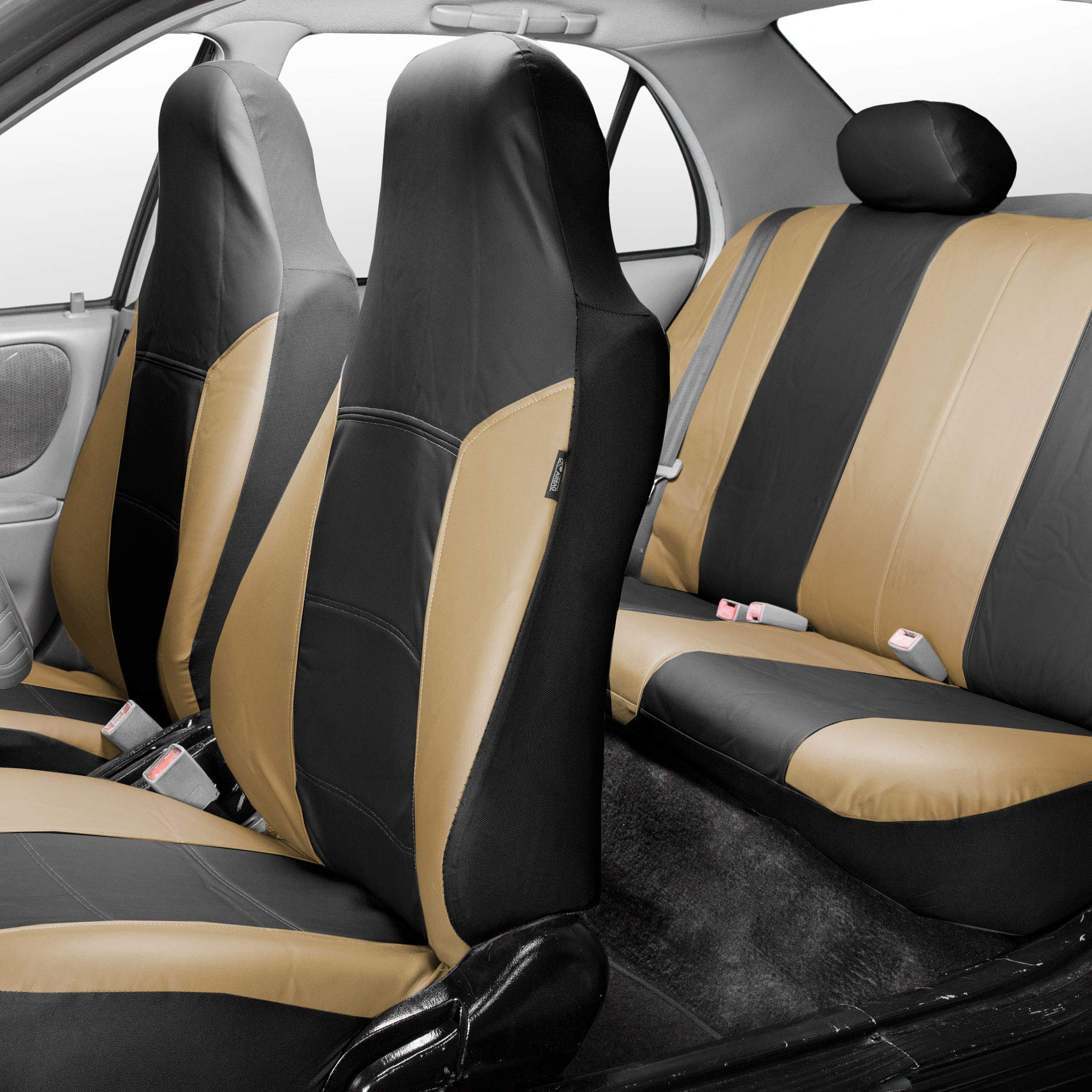 Premium FH Group Full Set PU Leather Car Seat Covers - Universal Fit for Most Vehicles, 1-Piece Front Seat Covers with Airbag Compatibility, Split Bench Rear Seat Cover for SUV/Truck (Beige & Black) - Perfect for Road Trips, Daily Commutes & Protecting Your Car Interior