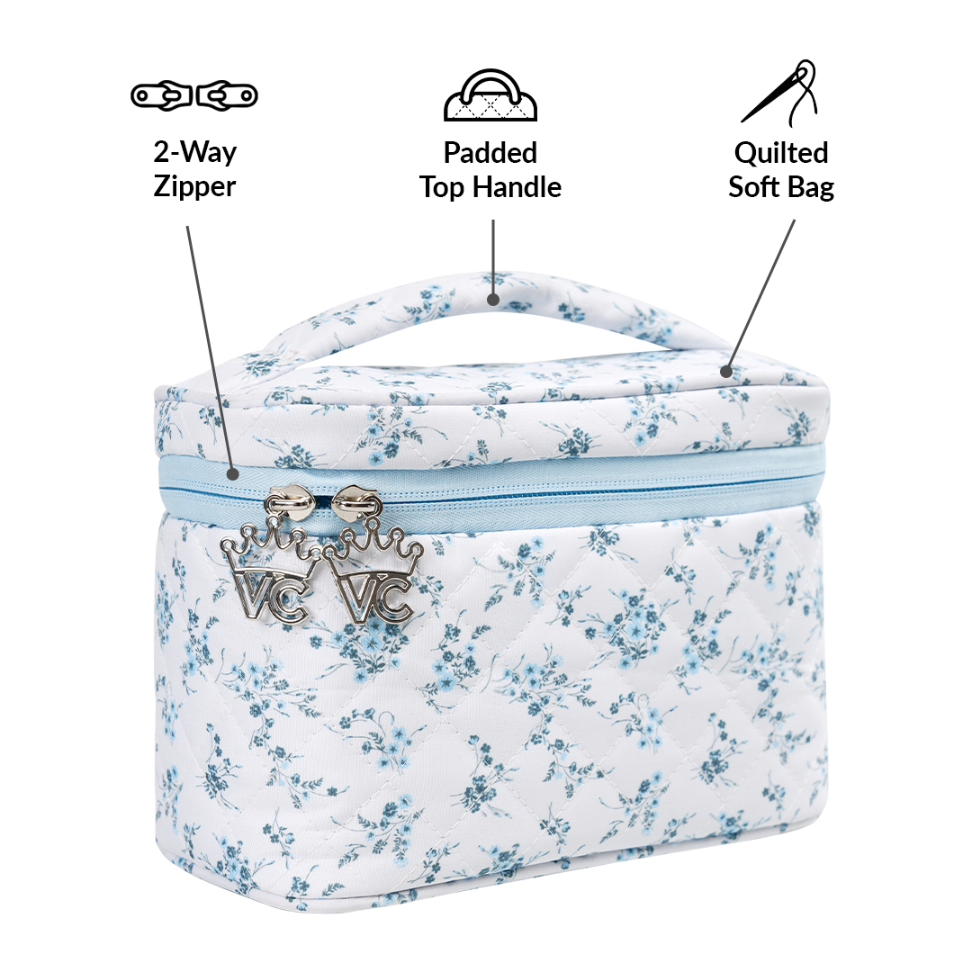 French Blue Floral Vanity Bag for Women - Elegant Cosmetic Makeup Travel Organizer | Perfect for Travel, Gym, and Daily Essentials Storage
