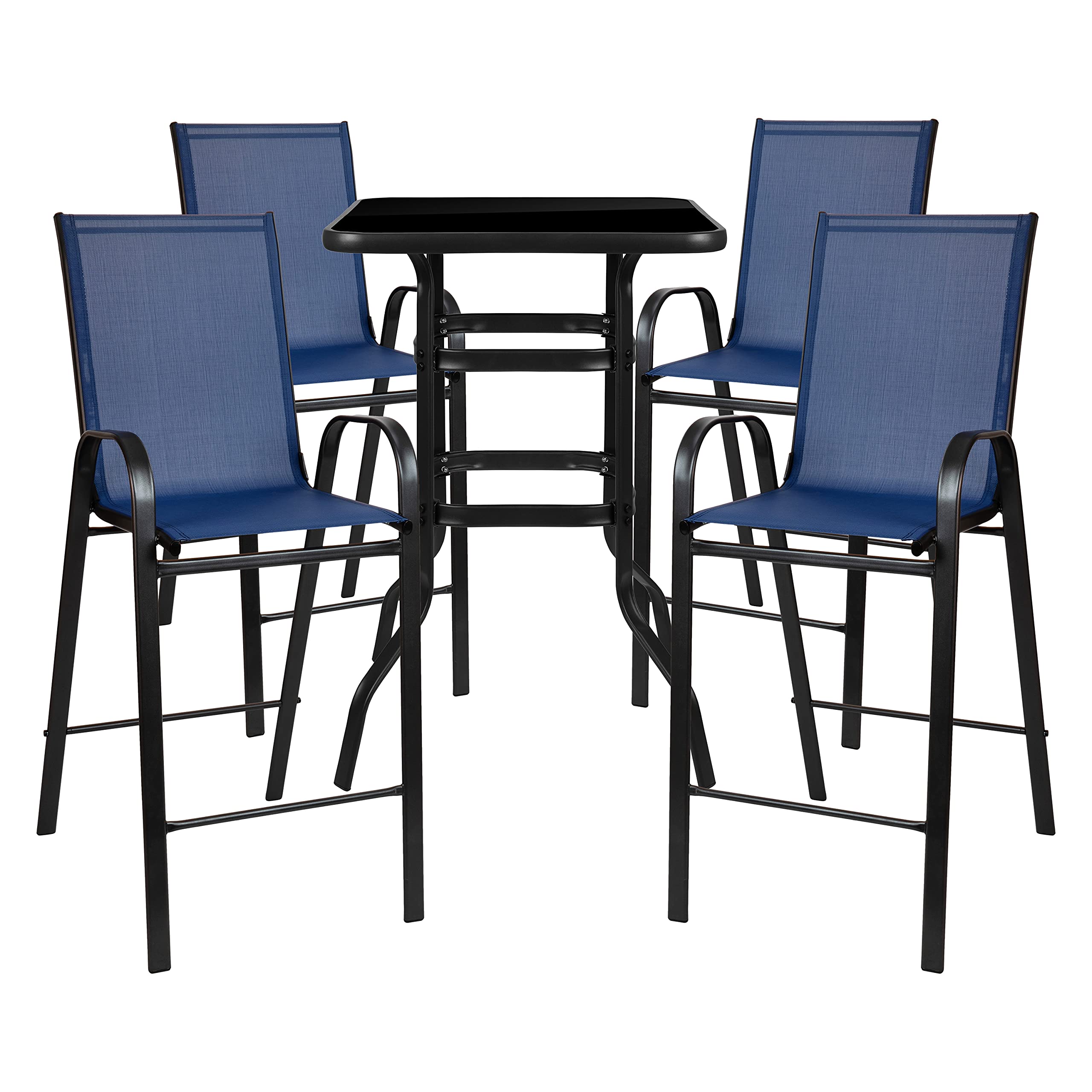 Flash Furniture Brazos 5-Piece Bar Table Set with Glass Top & 4 Navy Patio Bar Stools - Outdoor Dining Set for Patio, Deck, Backyard, and Poolside Entertaining