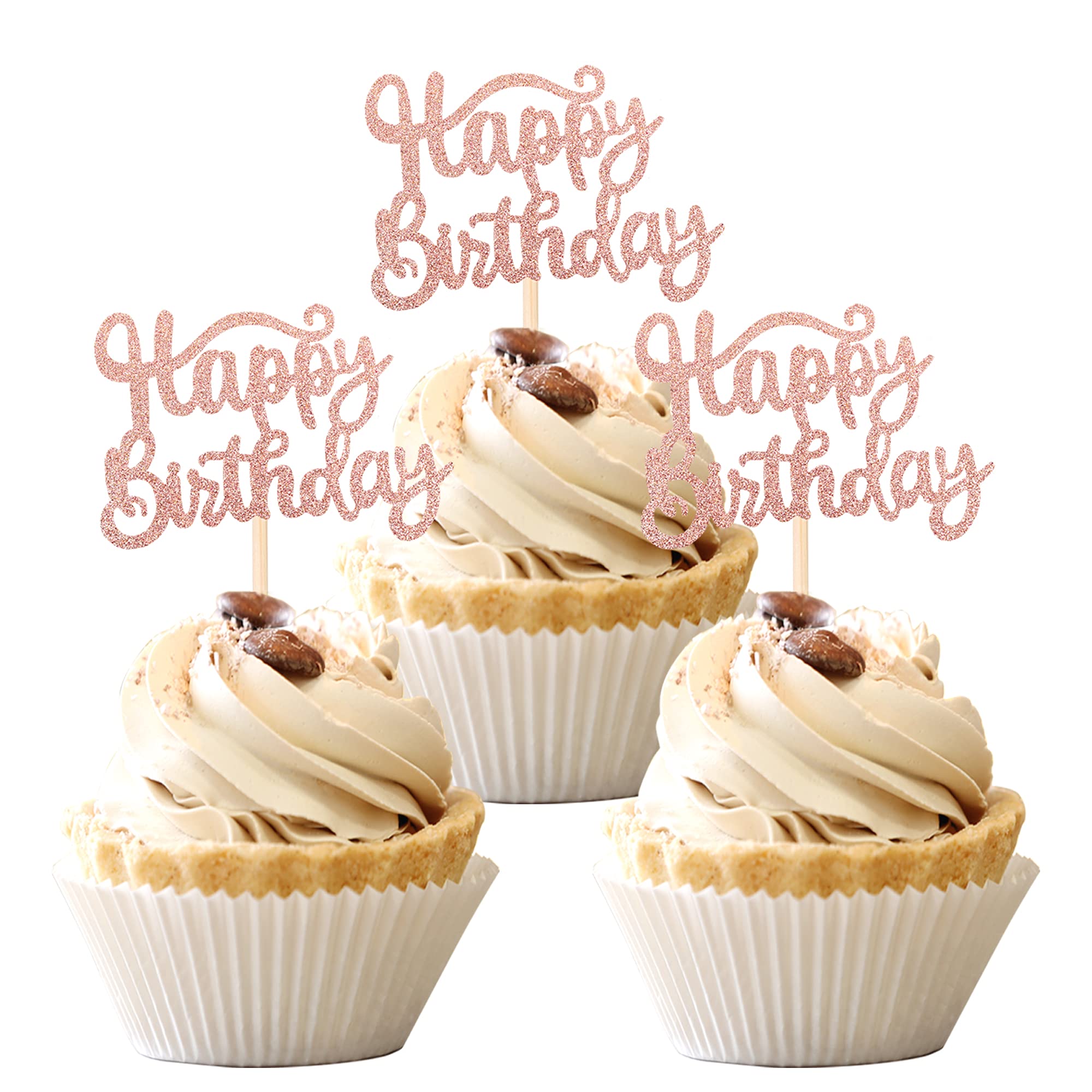 36 PCS Rose Gold Glitter Happy Birthday Cupcake Toppers - Premium Cake Decorations for Birthday Parties, Baby Showers & Celebrations - Perfect for DIY Dessert Decorating
