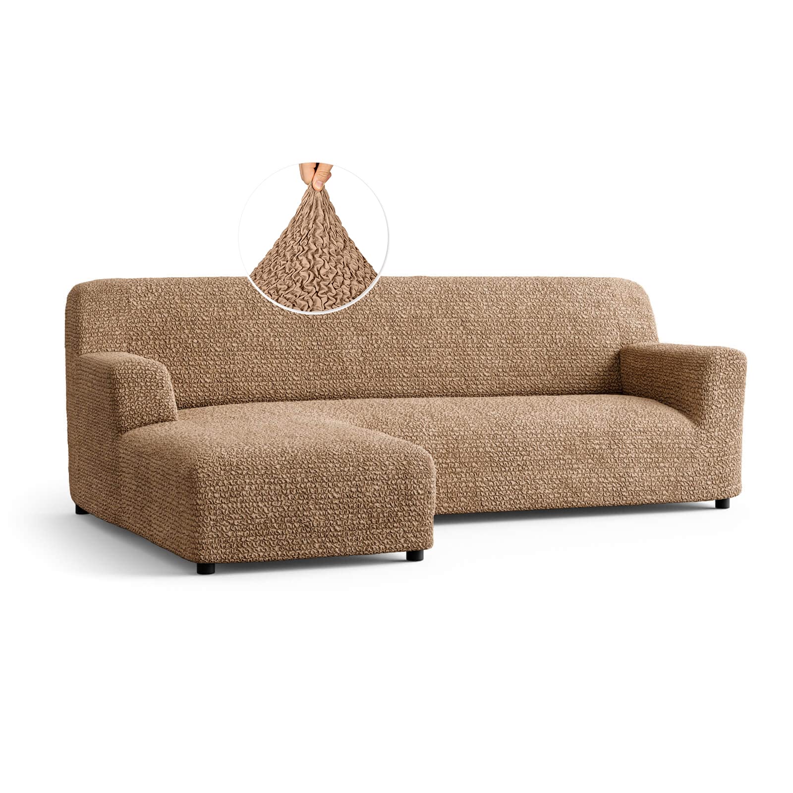 L-Shaped Sectional Sofa Cover - Soft Polyester Stretch Slipcover - 1-Piece Form Fit Furniture Protector - Microfiber Collection in Tan (Left Chase) - Perfect for Living Room, Family Room & Pet-Friendly Homes