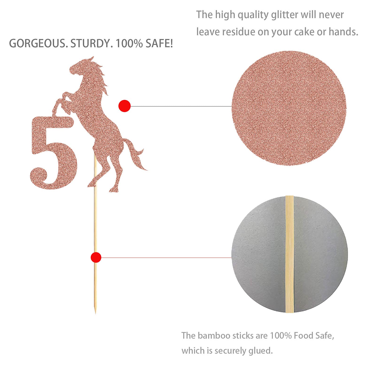 Rose Gold Glitter Horse Cake Topper for 5th Birthday Party Decorations – Perfect for Birthday Cakes, Cupcakes, and Dessert Table Centerpieces