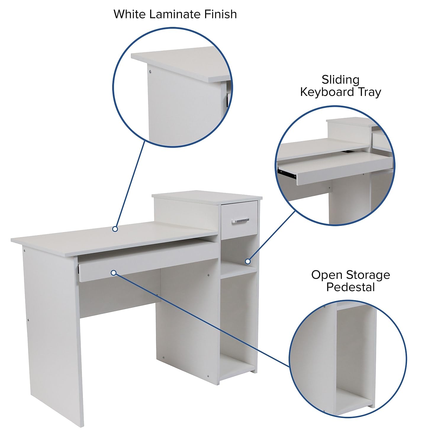 Flash Furniture Highland Park White Computer Desk with Shelves and Drawer - Modern Home Office Desk for Work, Study & Gaming - Compact Writing Desk with Storage Shelf & File Drawer - Perfect for Small Spaces, Dorm Rooms & Apartments