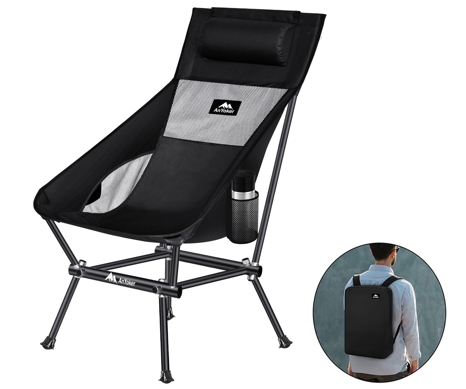 Compact Portable Folding Camping Chair with Side Pocket & Headrest - Lightweight Backpacking, Hiking & Beach Chair for Outdoor Adventures (166ZZ-A) - Perfect for Camping Trips, Picnics, Beach Days and Backyard Relaxation