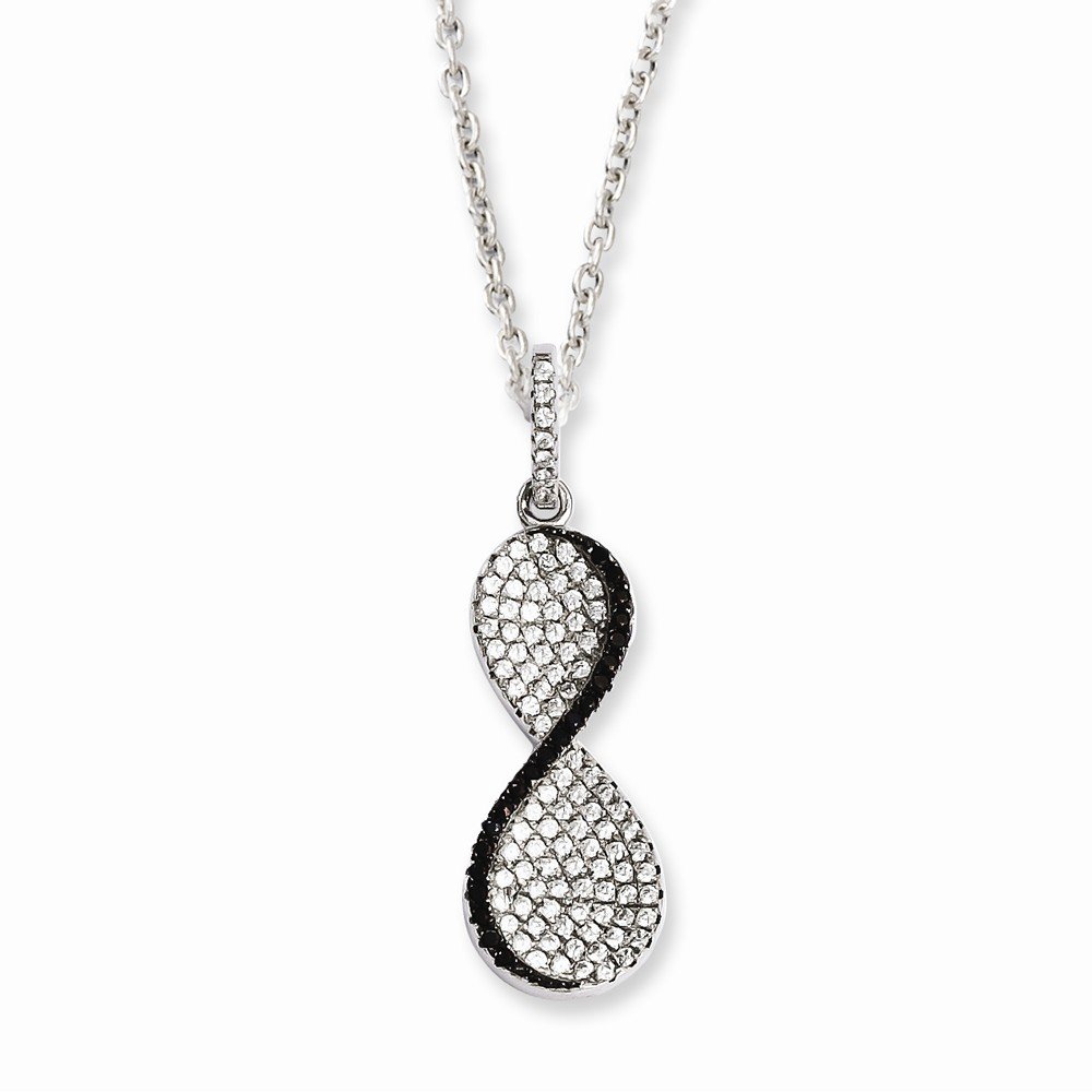 Sterling Silver Black & Clear Cubic Zirconia True Fire Pendant Necklace with 2in Extension Chain - Perfect for Evening Wear, Gift Giving & Special Occasions