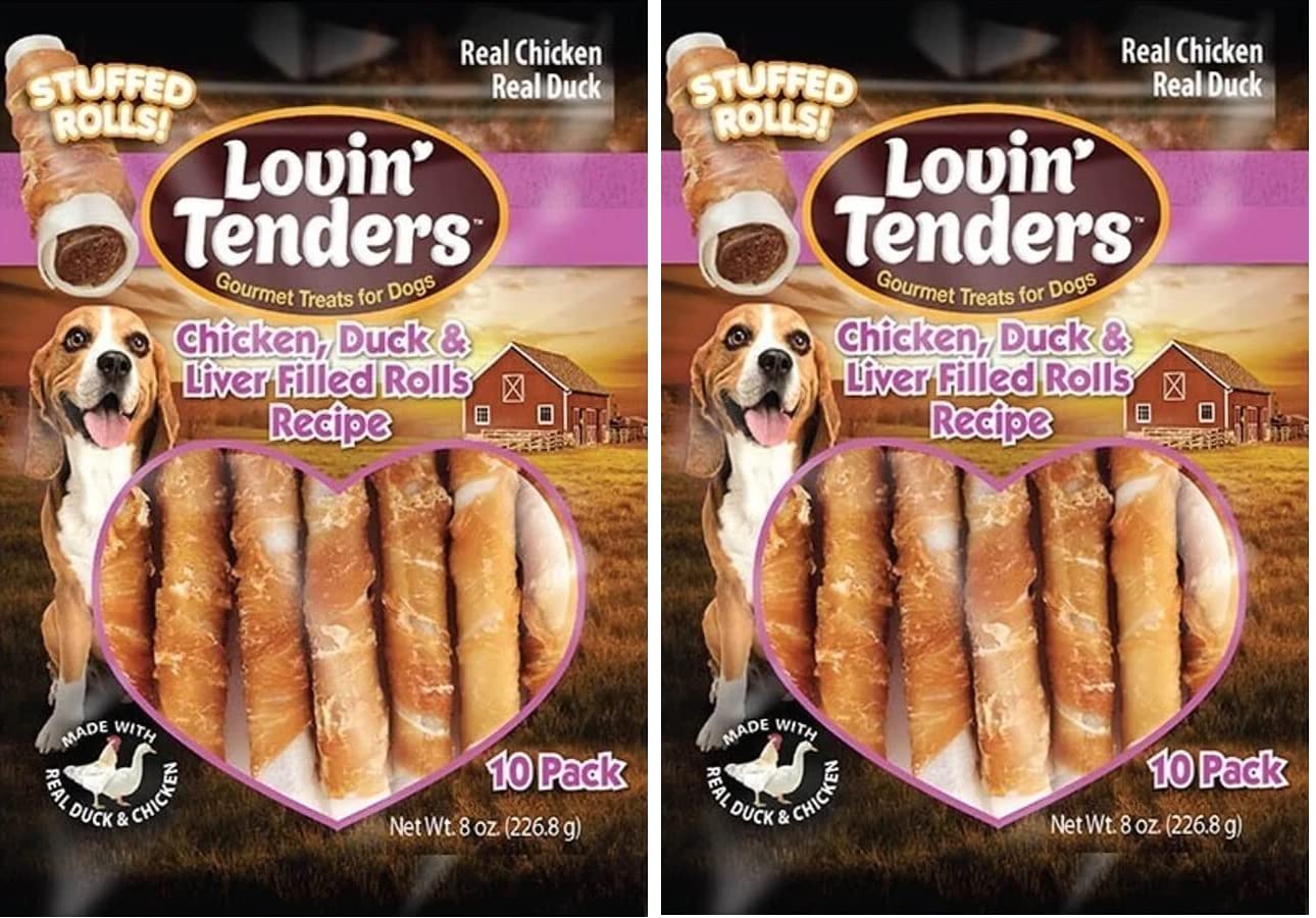 Lovin' Tenders Real Chicken Stuffed Rawhide Rolls Dog Treats - Chicken, Duck, Liver & Sweet Potato Flavor - 2 Pack (20 Rolls) - Healthy Chew Toys for Small, Medium & Large Dogs - Perfect for Training, Teething & Dental Care