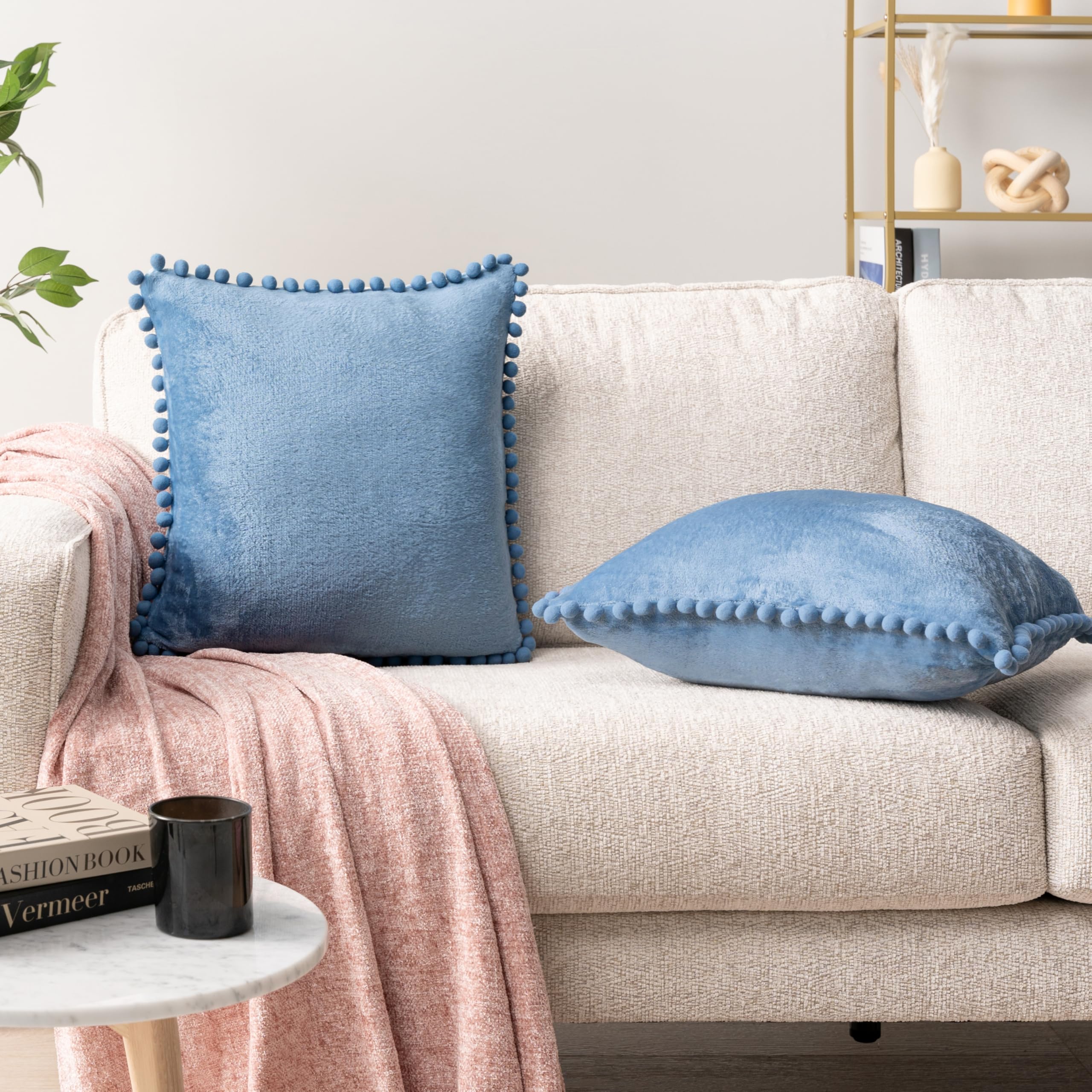 PAVILIA 20x20 Dusty Blue Velvet Throw Pillow Covers Set of 2 - Soft Euro Plush Pom Pom Decorative Cushion Covers for Sofa, Couch & Bed - Perfect for Living Room, Bedroom Aesthetic & Home Decor