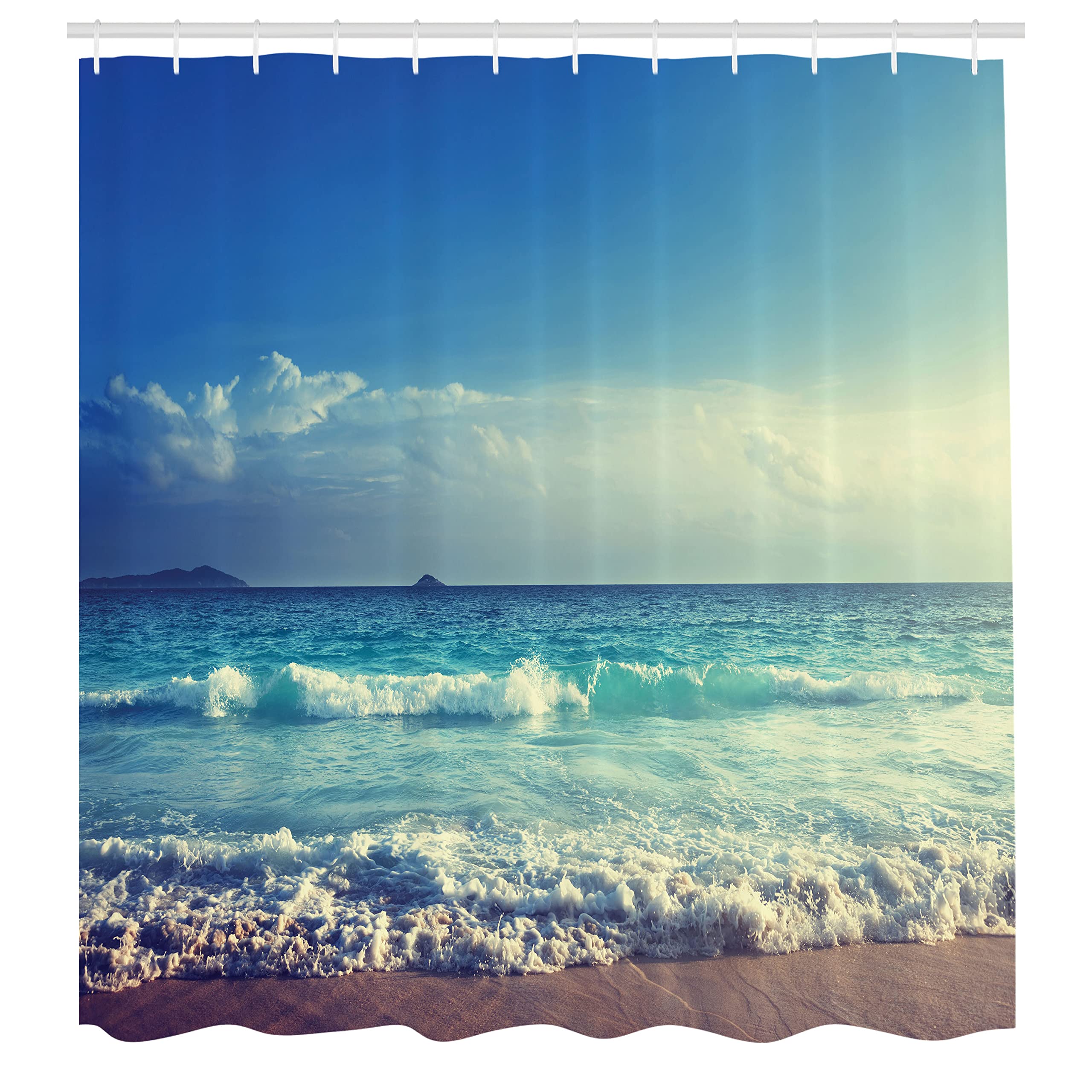 Ambesonne Ocean Shower Curtain - Tropical Island Sunset Beach Waves & Misty Sea Design, 105