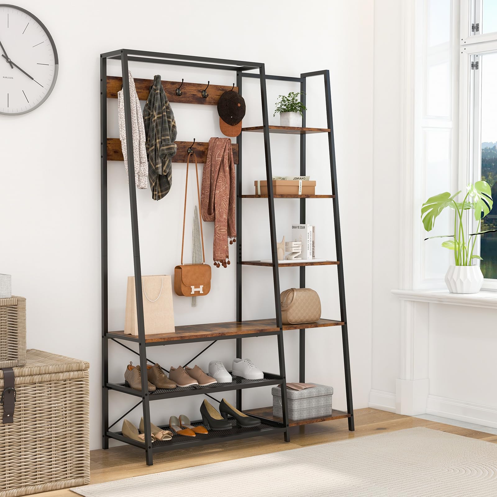 **Tangkula 5-in-1 Hall Tree with Bench & Shoe Storage - Industrial Entryway Organizer with 9 Hooks, 5 Side Shelves & 2 Mesh Shelves - Heavy-Duty Metal Coat Rack Shoe Bench (Rustic Brown) - Perfect for Entryway, Mudroom & Small Space Organization**