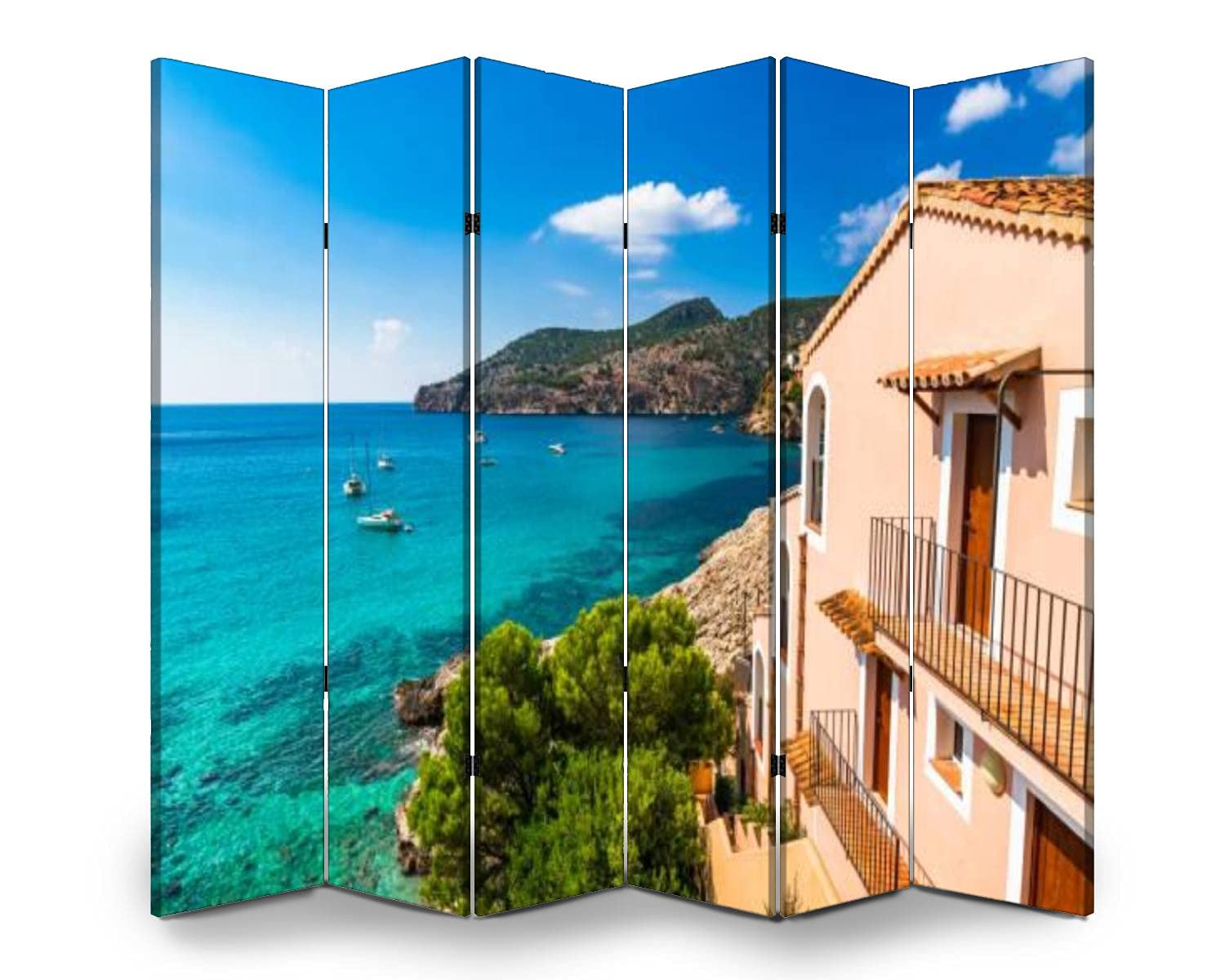 Wooden Folding Screen Room Divider - 6 Panel Canvas Privacy Partition with Dual-Sided Design for Indoor Display Shelves | Perfect for Home Office, Living Room & Bedroom Separation | Coastal Decor Inspired by Majorca's Beautiful Seaside Bay Views