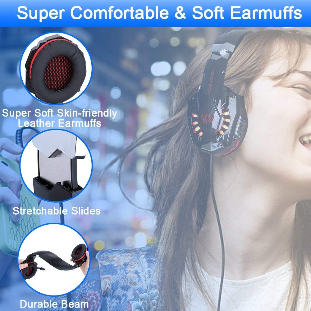 Premium Stereo Gaming Headset for PS4, PS5, PC, Xbox One & Nintendo Switch - Noise Cancelling Over-Ear Headphones with Mic, LED Lights & Deep Bass Surround - Soft Memory Foam Earmuffs for Comfort - Perfect for Gaming, Streaming & Online Meetings (Black-Red)