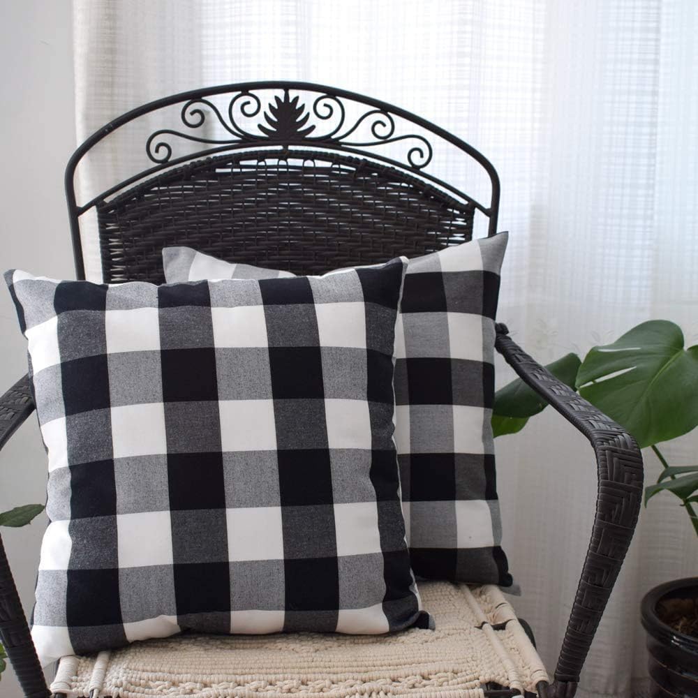 HOPLEE Farmhouse Pillow Covers 22x22 Inch - Black Buffalo Check & Stripe Outdoor Throw Pillow Covers Set of 4 - Perfect for Porch, Patio, Couch & Home Decor